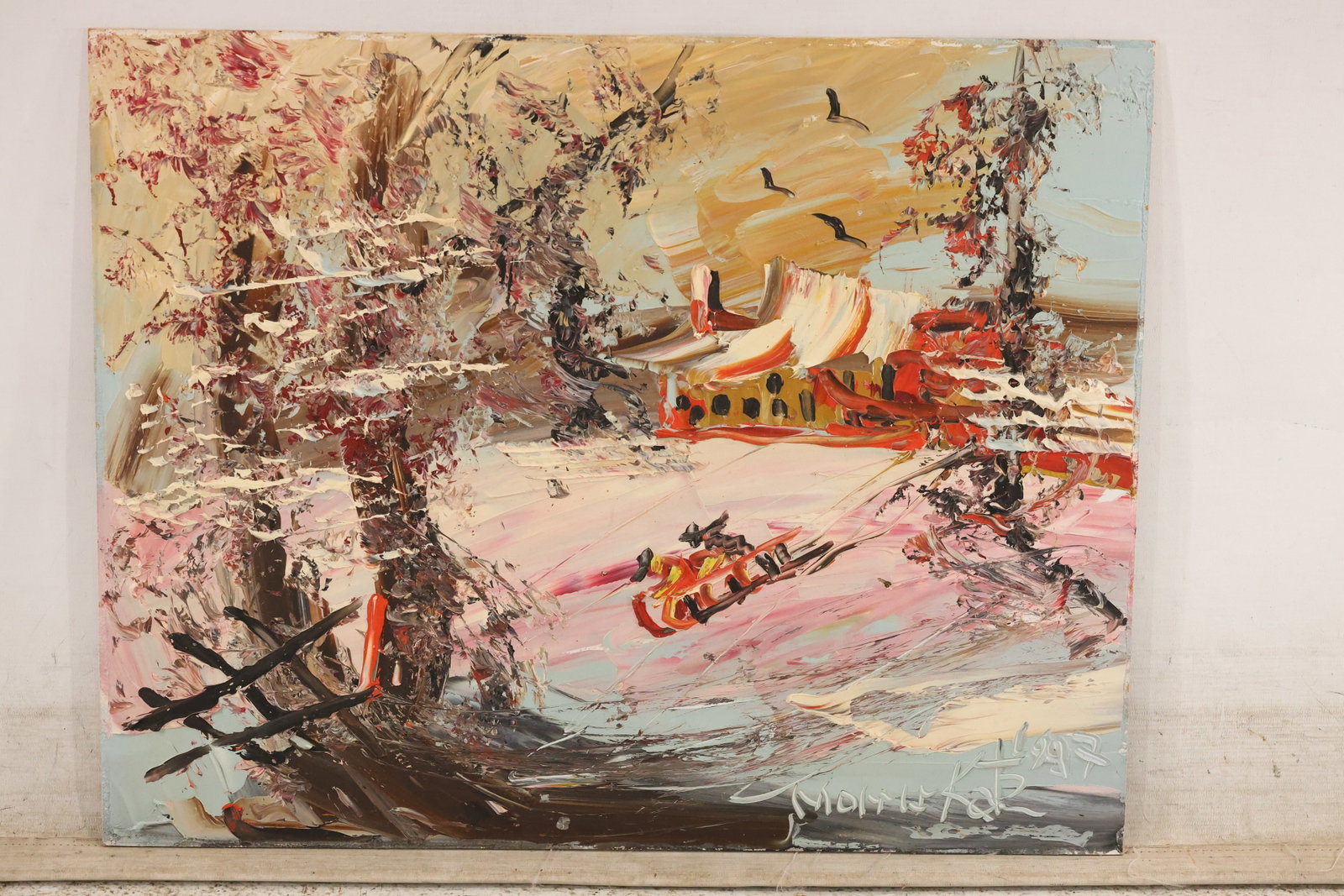 Morris Katz Horse-Drawn Sleigh Winter Painting: Painting by Morris Katz depicting a horse-drawn sleigh passing a snow-covered red and yellow building. Dark trees frame the scene, while pink, white, and gray strokes describe the wintry road and