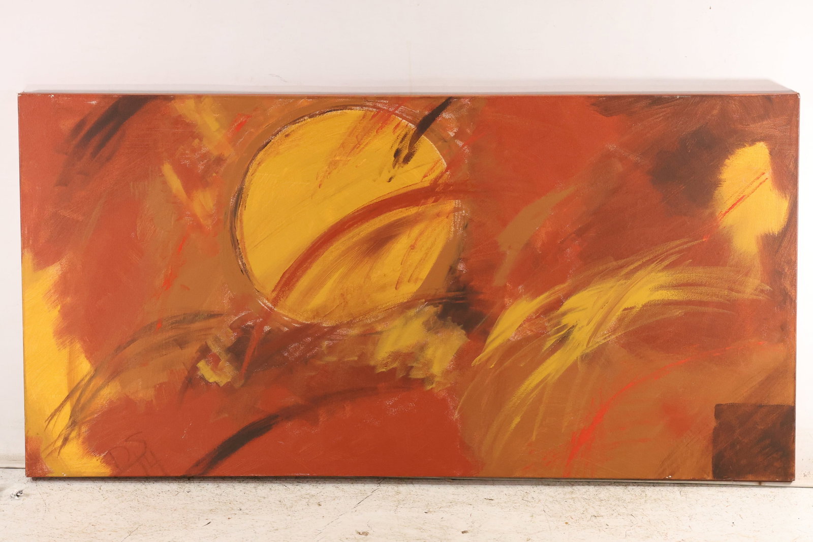 DS Monogrammed Red and Yellow Abstract Painting: Large horizontal painting on canvas with broad red-orange fields, rounded yellow forms, and sweeping dark accents. Loose brushwork and overlapping shapes create an energetic abstract composition. Mono