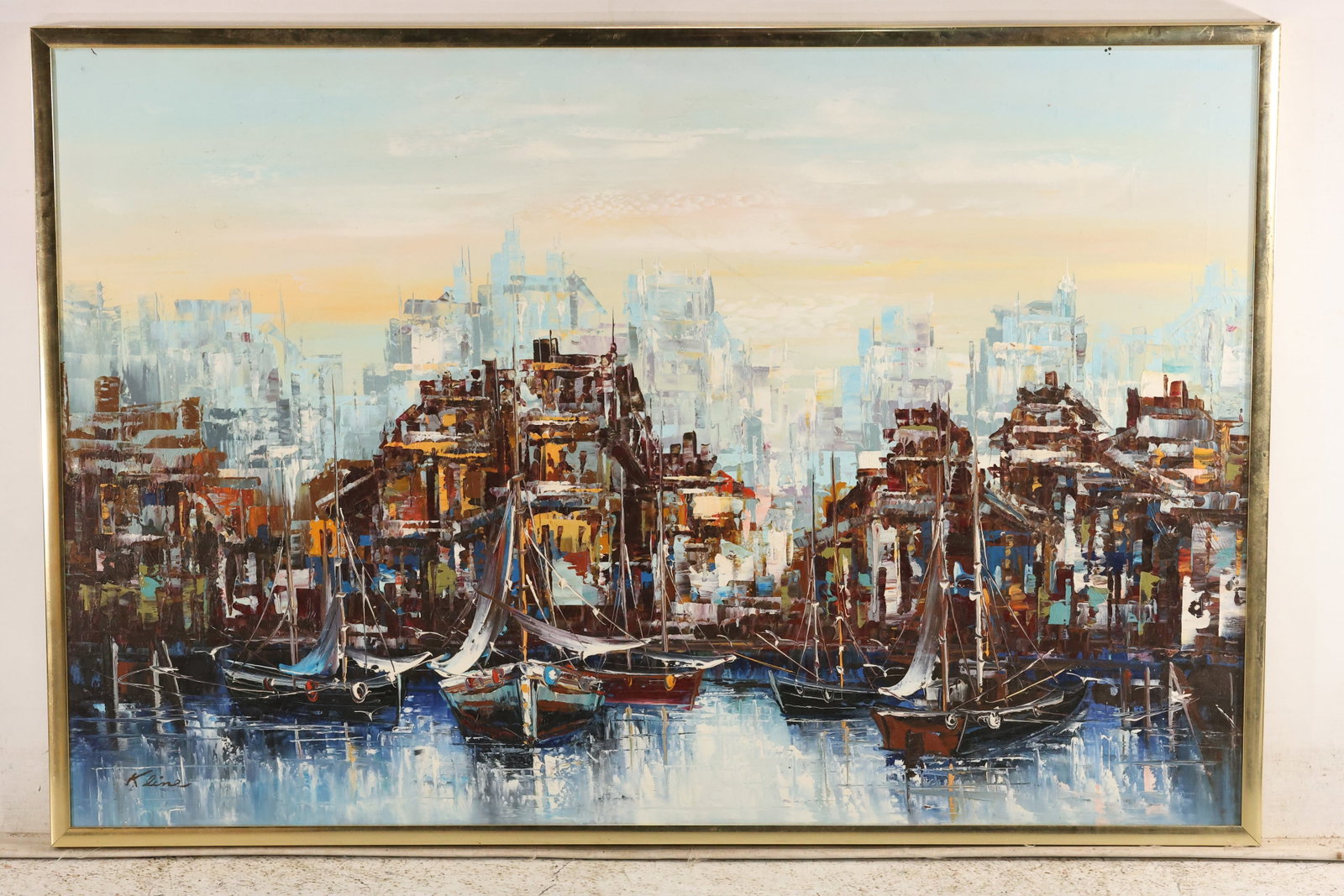 Kline Signed Harbor and Cityscape Painting: Painting on canvas depicting clustered waterfront buildings and moored boats reflected in blue water. Angular palette-knife-like strokes build the warm brown and ocher architecture against a pale skyl
