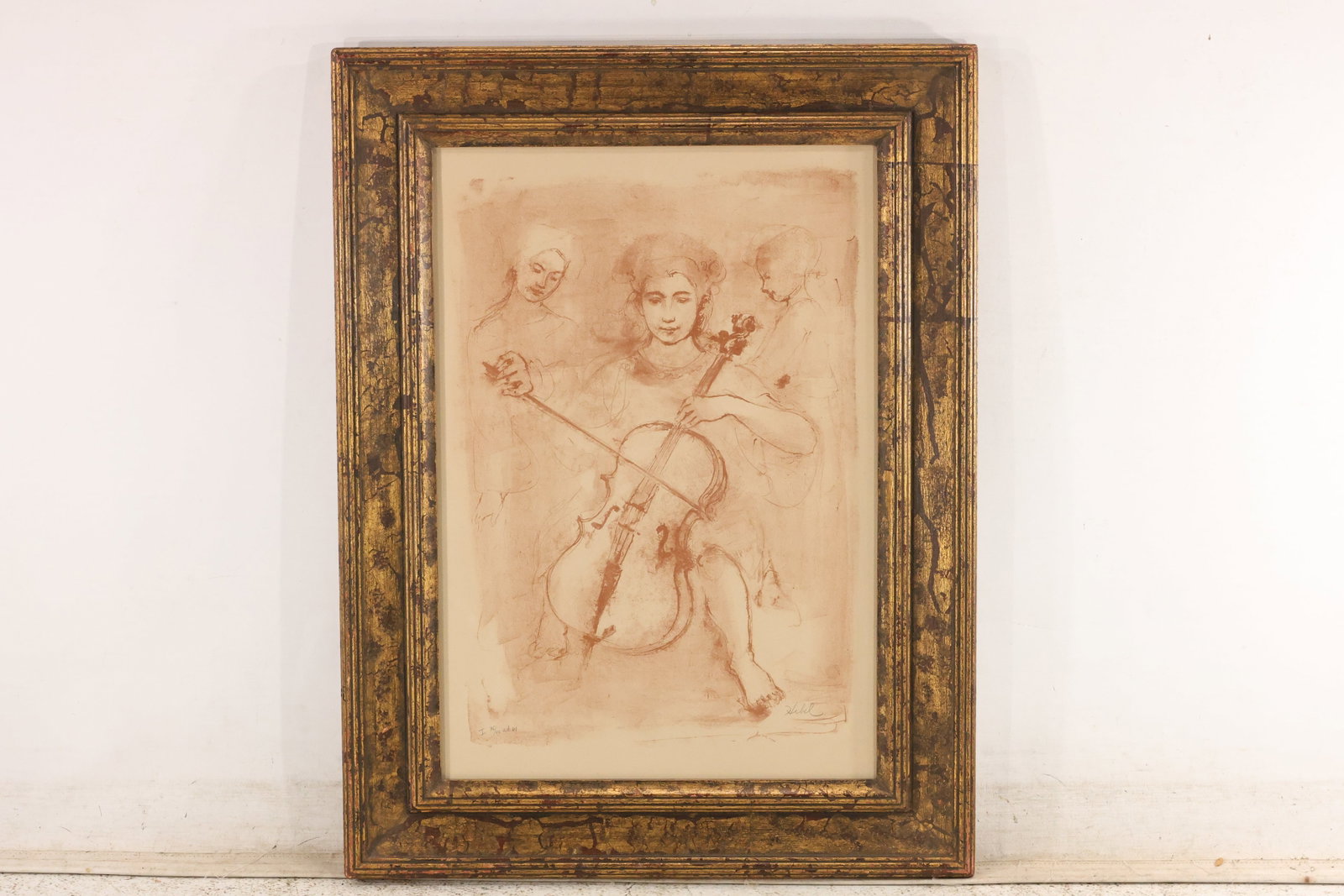 Edna Hibel Girl with Cello Signed Lithograph: Lithograph by Edna Hibel depicting a young cellist with additional softly drawn faces behind her, rendered in warm reddish-brown tones. Pencil signed "Hibel" at lower right and inscribed "I 35/40 ed