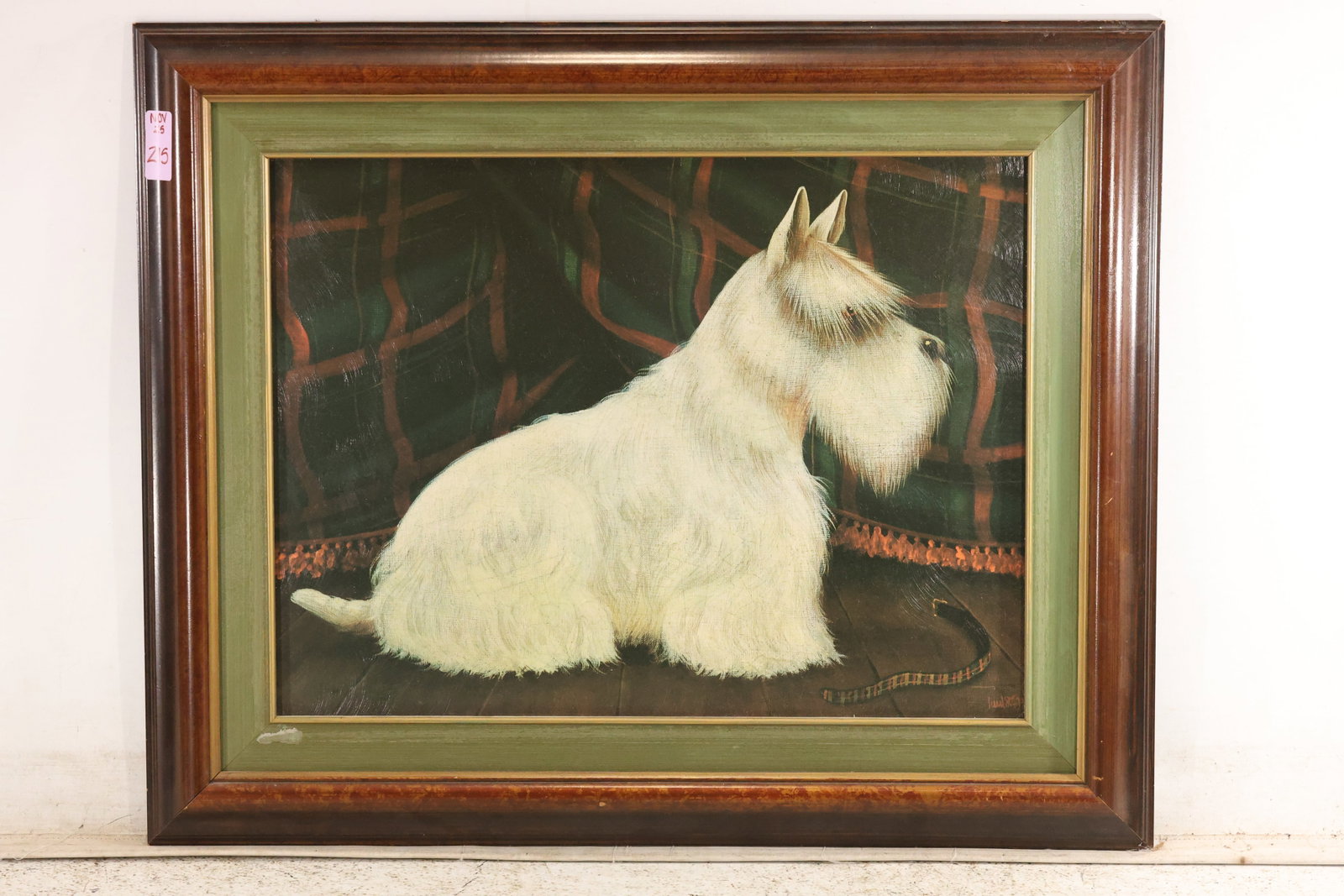 After Paul Stagg White Terrier Textured Canvas Print: Textured reproduction on canvas after Paul Stagg depicting a seated white terrier in profile against dark green and brown tartan fabric. The light coat and upright ears stand out against the subdued
