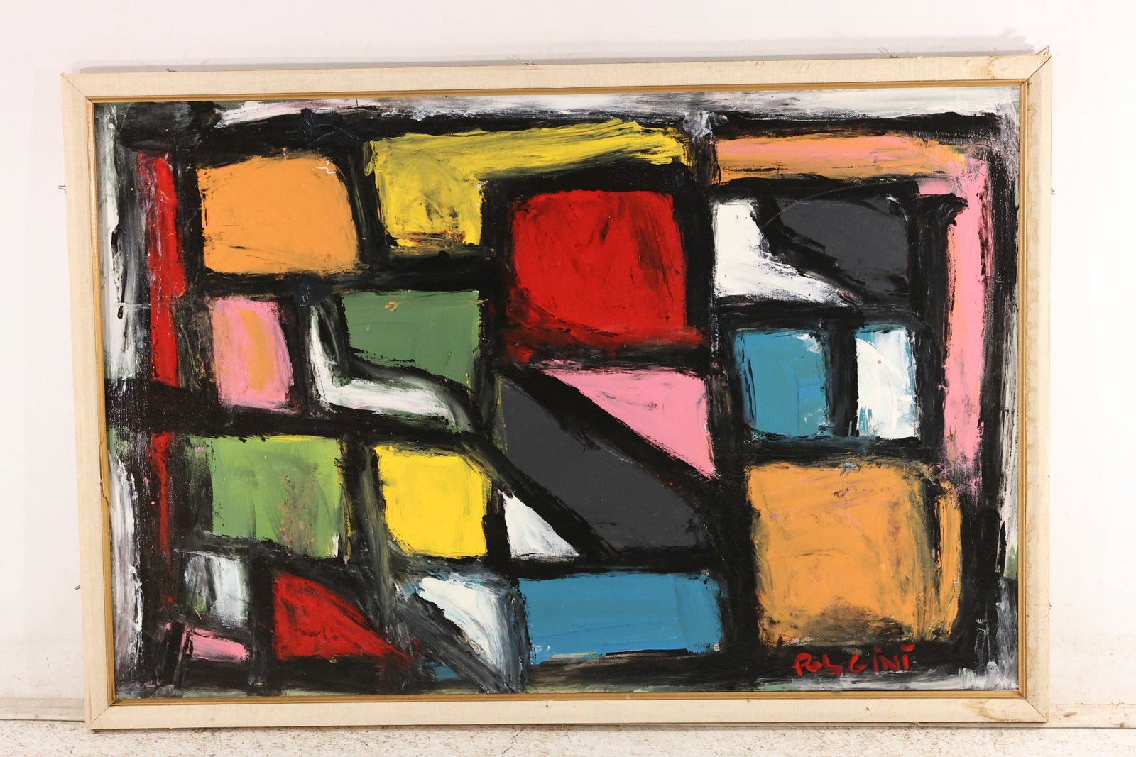 Thomas Pulgini Multicolor Geometric Abstract Painting: Painting by Thomas Pulgini composed of irregular rectangular and triangular forms outlined in heavy black. Red, yellow, blue, green, pink, white, and gray blocks create a stained-glass-like arrangemen