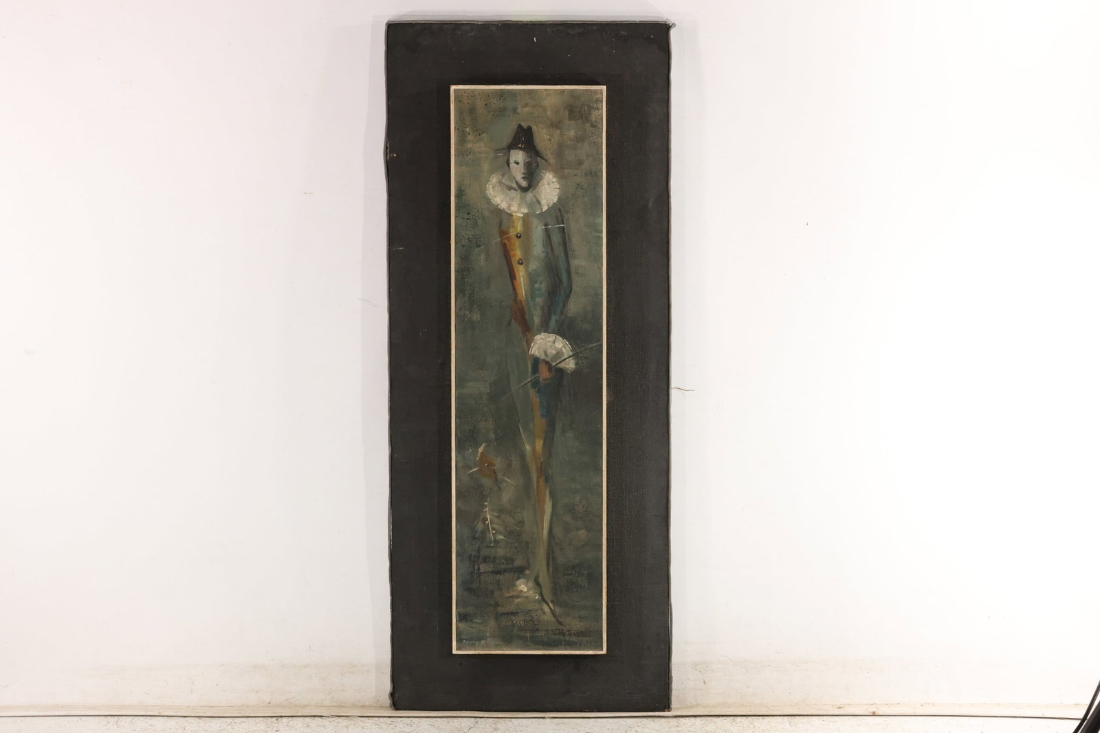 Signed Tall Clown Painting on Wood: Tall, narrow painting on wood depicting a standing clown in a pointed dark hat, pale ruff, and long costume. Muted green, ocher, and charcoal tones create a subdued, textured surface. Bears an indisti