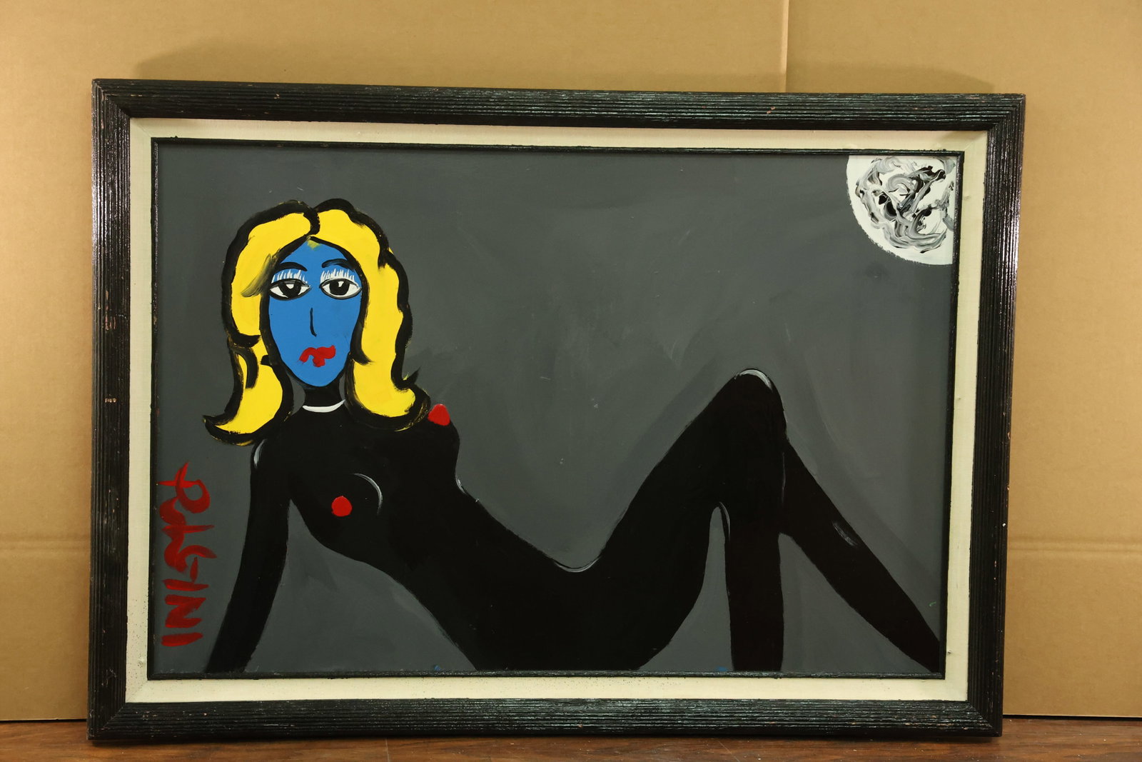 Signed Pulgini Reclining Woman Painting with Blue Face: Framed figurative painting of a reclining woman with a blue face, yellow hair, red lips and a black body against a gray ground. A white circular motif occupies the upper right corner. The signature PU