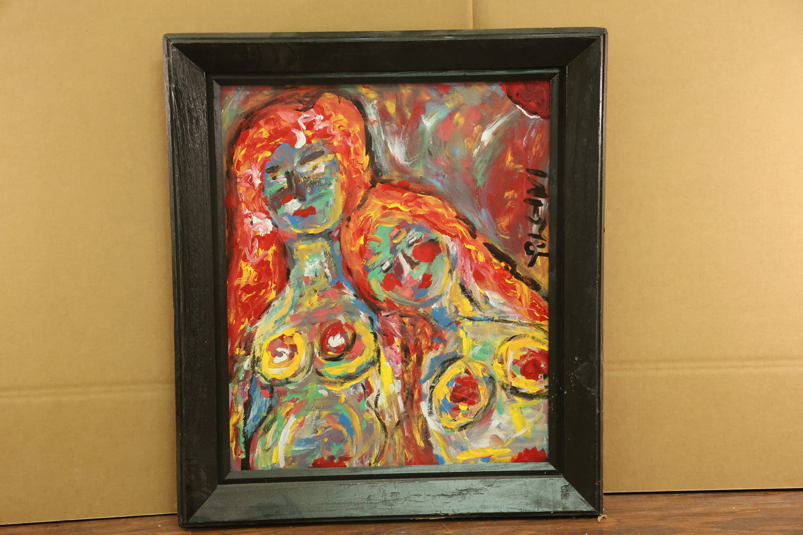 Signed Pulgini Expressionist Painting of Two Female Figures: Painting of two stylized female figures with outlined faces and circular breast motifs. Red, yellow, turquoise, green and white strokes overlap across the figures and background, creating a visibly te
