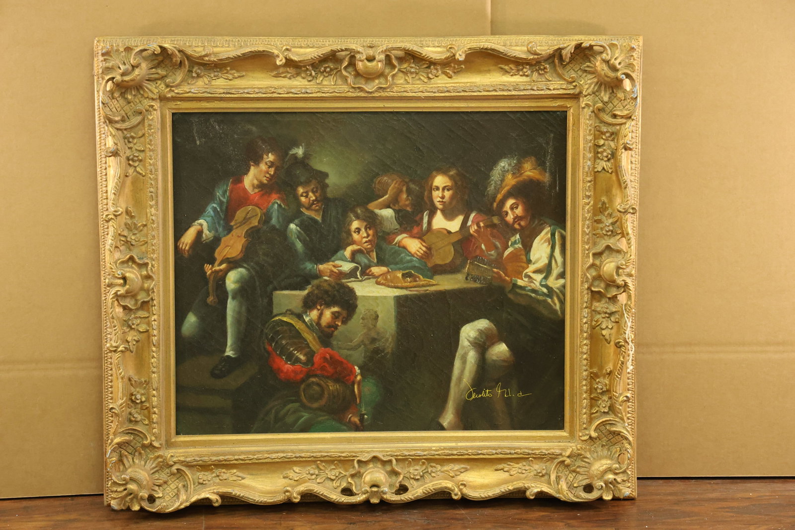 Concert Scene Painting after Valentin de Boulogne: Framed painting after Le Concert au bas-relief by Valentin de Boulogne. Musicians and companions gather around a stone table decorated with a carved relief, with a seated figure in the foreground and 