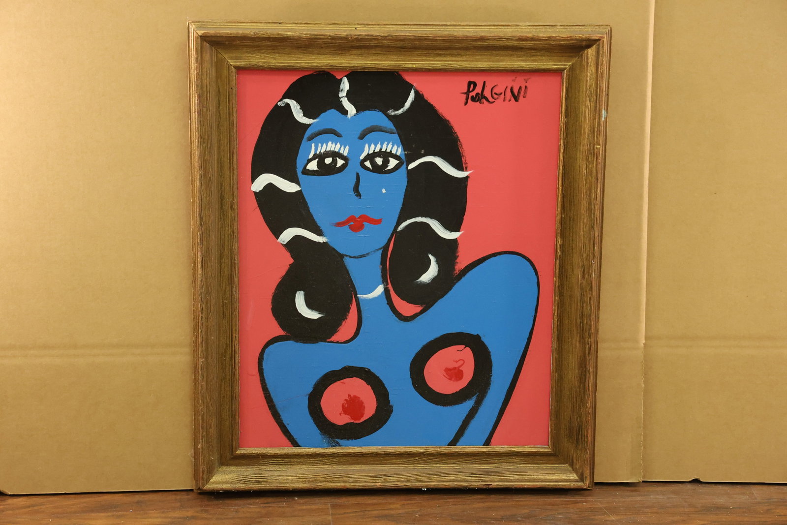 Signed Pulgini Blue Female Portrait on Red Ground: Figurative painting showing a blue female bust with black hair, white curved highlights, red lips and circular red breast motifs. Thick black outlines separate the figure from a flat red background. S