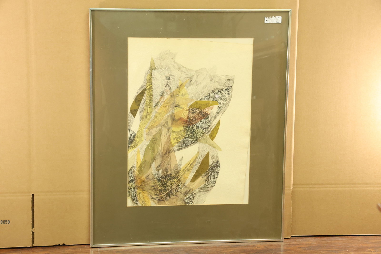 Higher Ground Mixed Media Artwork Labeled Janette E Banks: Abstract work on paper combining angular pale forms, olive and ochre passages, and fine black linear textures. Signed BANKS within the image. A reverse label identifies Janette E. Banks and the title 