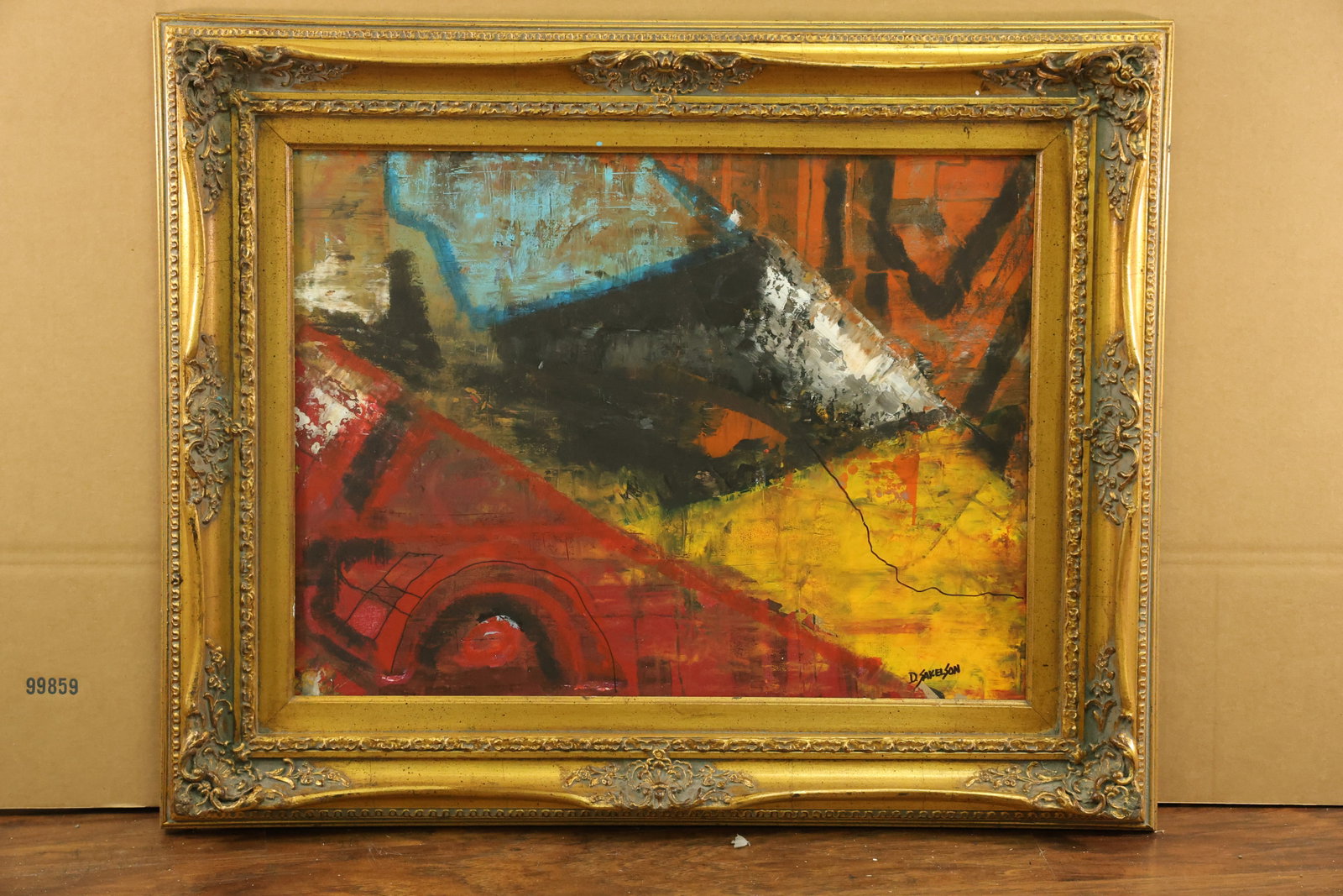 Signed D Sakelson Colorful Abstract Painting: Framed abstract painting with intersecting red, yellow, blue, orange, black and white areas. Broad diagonal forms overlap fine dark lines and circular markings, with scraped and brushed textures visib