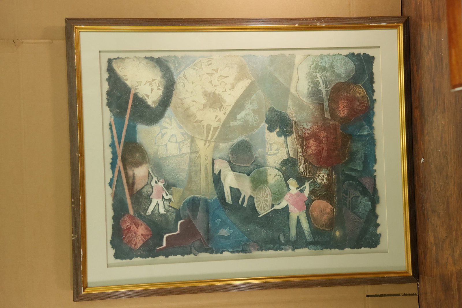 Modernist Horse and Cart with Workers Artwork on Paper: Framed artwork on paper showing a white horse and cart among stylized trees and two figures carrying long handled tools. Blue green, cream, pink and brown shapes divide the scene into overlapping text