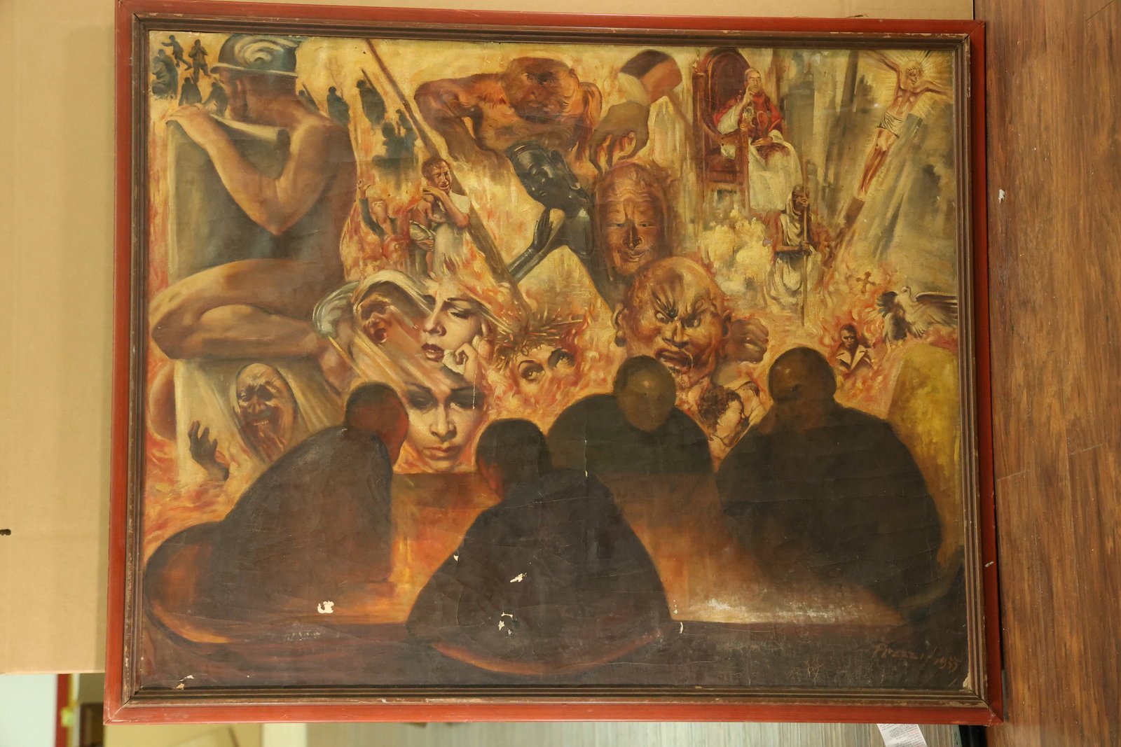 Surreal Figural Painting Signed Prezzi 1935: Large figurative painting with dark seated figures in the foreground and a dense arrangement of faces, bodies, architectural fragments and religious imagery above them. Ochre, red, brown and cream dom