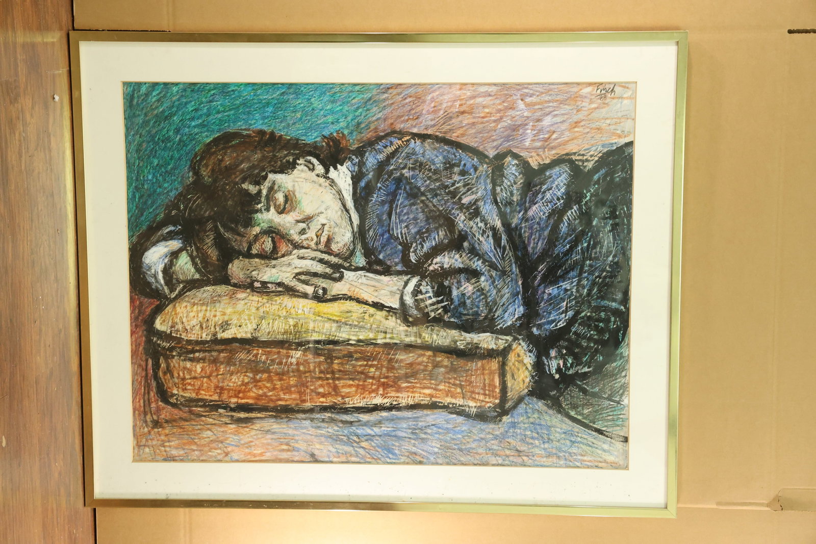 Sleeping Figure Artwork on Paper Signed Finch 88: Figurative artwork on paper showing a person with closed eyes resting their head on folded hands above a cushion. A blue patterned garment contrasts with orange, green and pale pink areas. Dense color