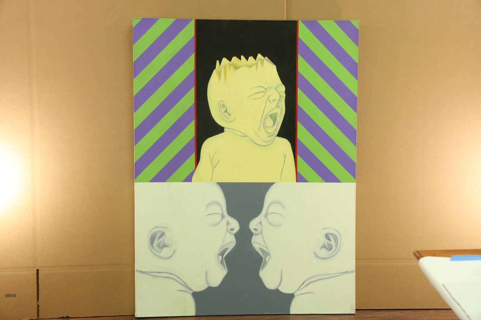 Crying Infant Oil and Acrylic Painting Inscribed Stanley Dean Edwards 1967: Vertical painting combining a yellow crying infant face above paired pale infant profiles. Black rectangular fields and diagonal violet and green bands divide the composition. Reverse inscriptions ide