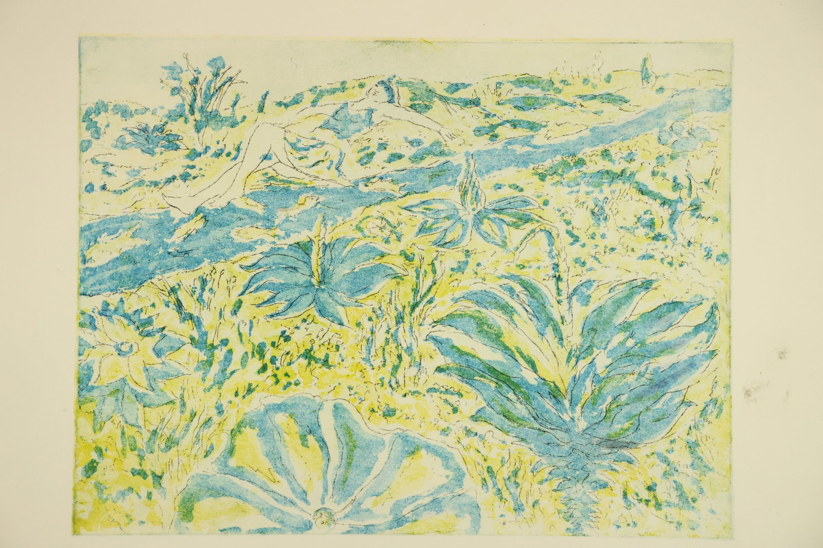 Reclining Figure among Plants Color Print Attributed to Peter Passuntino: Color print on paper with a reclining figure surrounded by oversized leaves and small flowers. Blue and yellow marks spread across the landscape, with pale open shapes defining the figure. Unsigned in