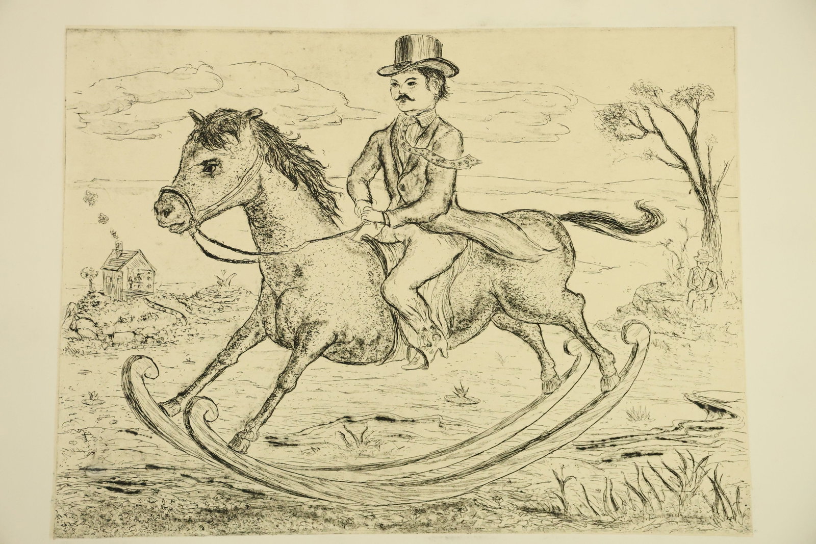 Top Hat Rider on Rocking Horse Print Attributed to Peter Passuntino: Monochrome print on paper showing a mustached rider in a top hat seated on a rocking horse within a sparsely furnished landscape. Fine linework describes the mane, clothing, clouds and curved rockers.