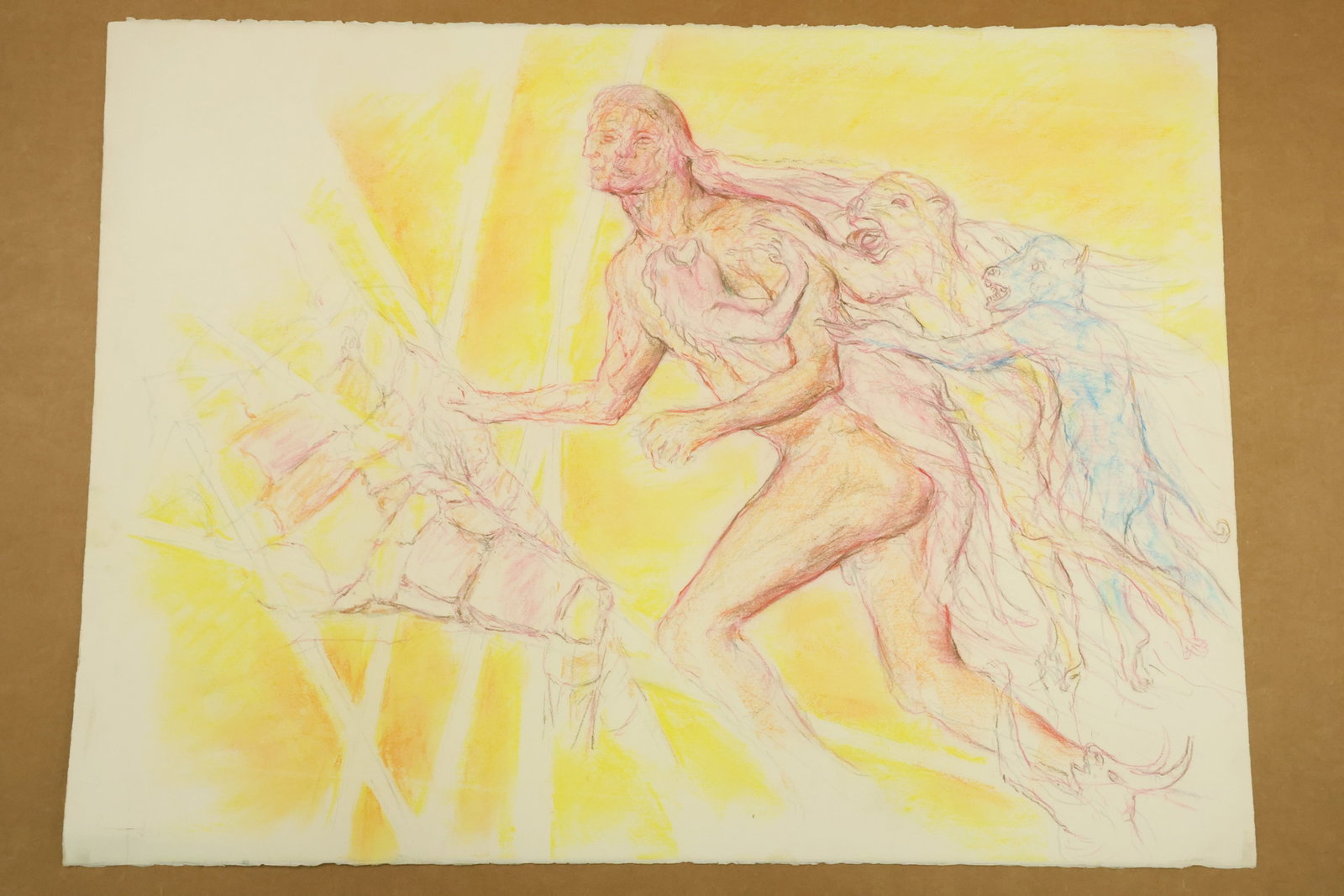 Running Figure with Trailing Heads Work on Paper Attributed to Peter Passuntino: Work on paper depicting a running figure leaning toward angular pale forms, followed by overlapping heads and flowing body shapes. Pink, blue and brown lines sit against a yellow ground. Unsigned in t