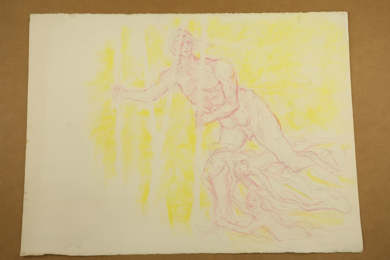 Pink Figure Study on Yellow Attributed to Peter Passuntino: Work on paper with pale pink outlines of a forward moving figure and a cluster of smaller faces and bodies behind. Vertical yellow passages frame the lightly drawn anatomy. Unsigned in the supplied vi