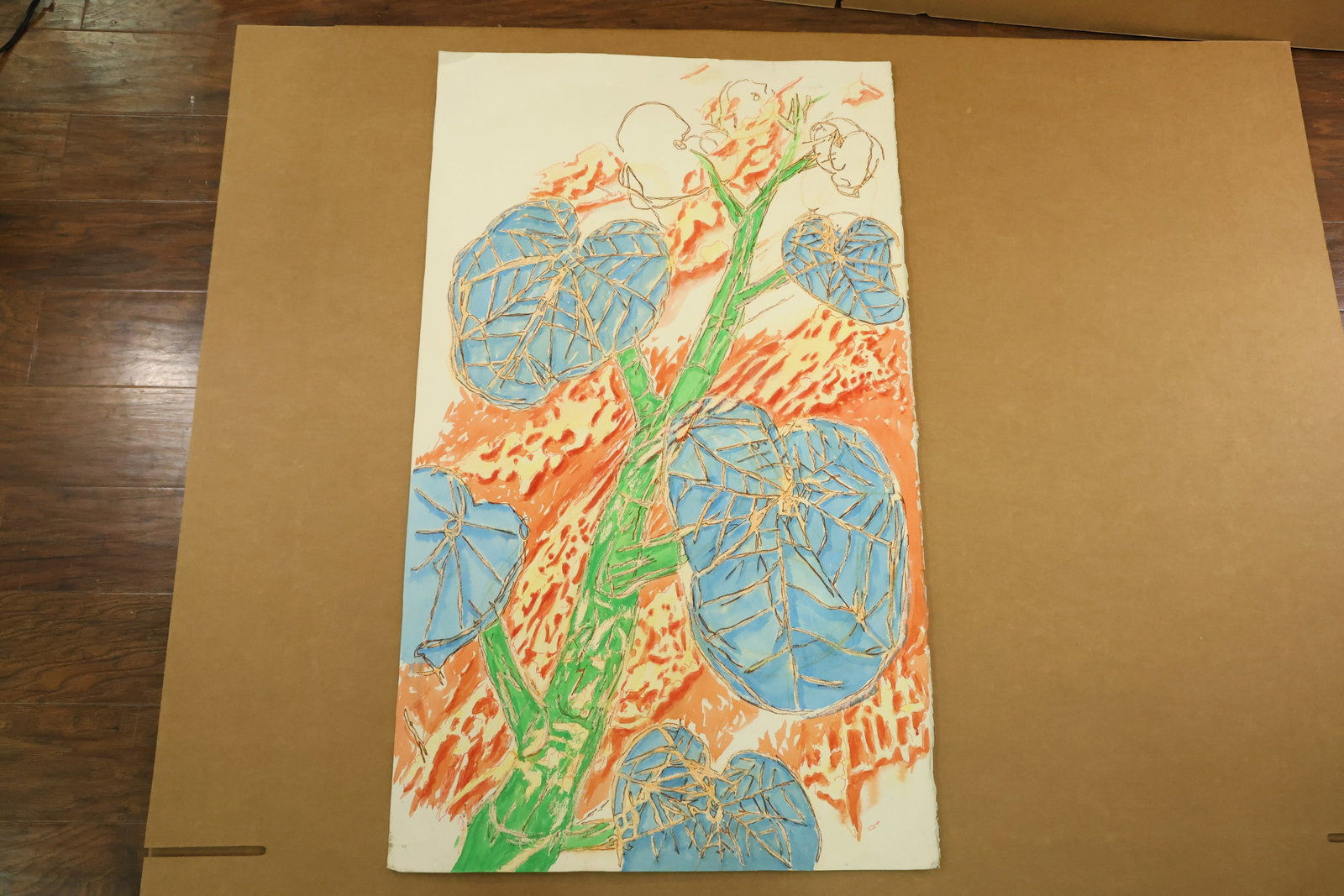 Blue Leaves and Green Stem Watercolor Attributed to Peter Passuntino: Tall watercolor on paper with large blue leaves, a branching green stem and fine tan vein patterns over orange and red marks. The plant forms fill the vertical sheet. Unsigned in the supplied views an