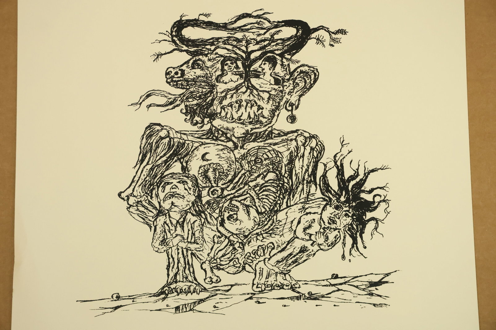 Horned Composite Figure Print Attributed to Peter Passuntino: Black and white print on paper depicting a squat horned figure containing smaller faces and intertwined bodies. Branch like hair and angular ground lines extend from the central form. Unsigned in the 