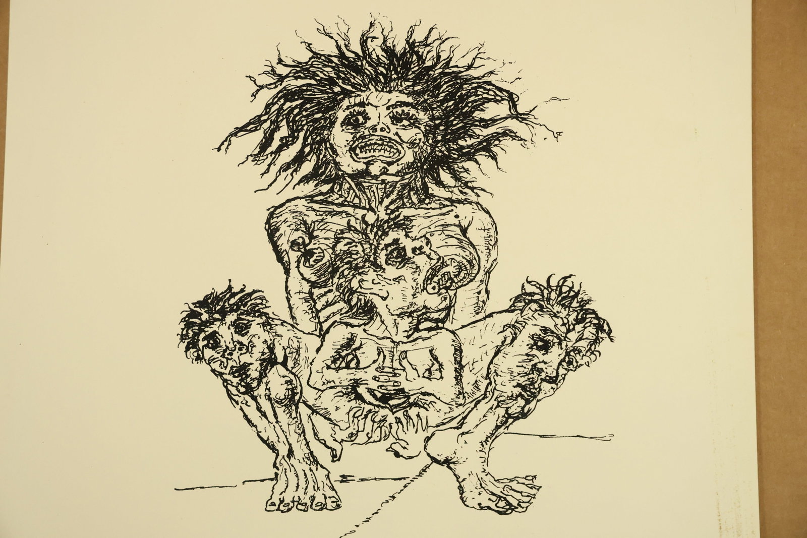 Frontal Crouching Figure Print Attributed to Peter Passuntino: Monochrome print on cream paper showing a frontal crouching figure with radiating hair, multiple faces and elongated hands and feet. Dense black contours define the body against broad blank margins. U