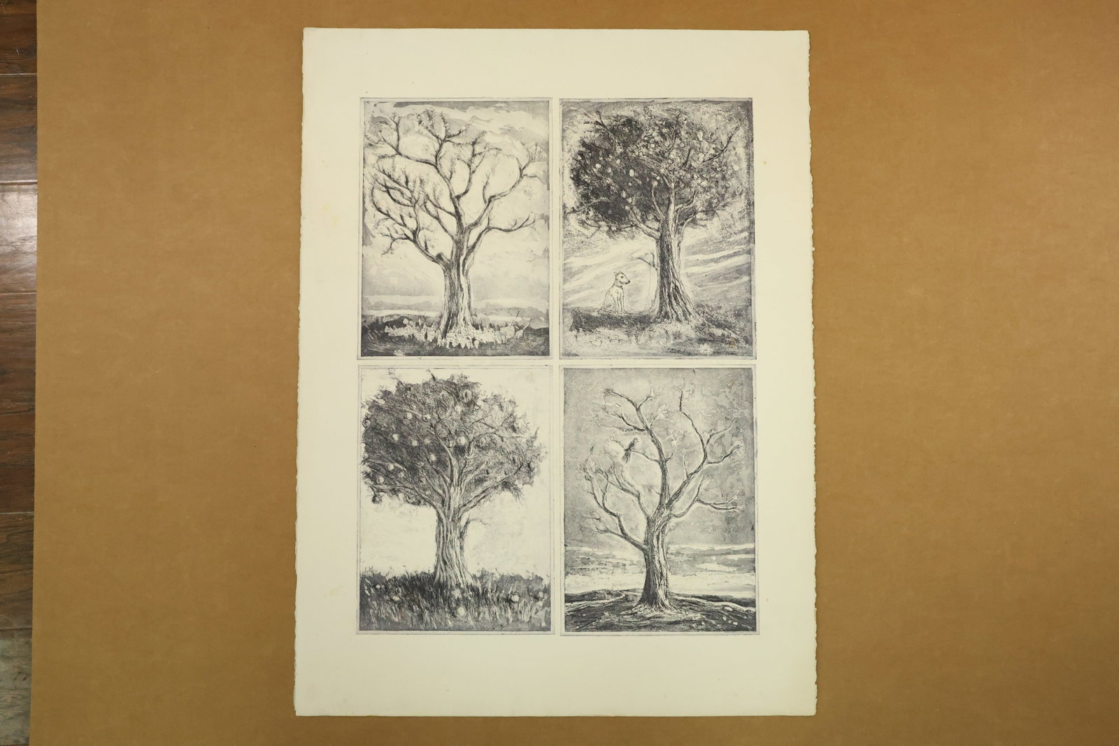 Four Tree Panels Print Attributed to Peter Passuntino: Monochrome print on one sheet arranged as four rectangular tree studies. Bare branches alternate with leafy crowns, with a small dog and bird included in separate panels. Fine shading describes trunks