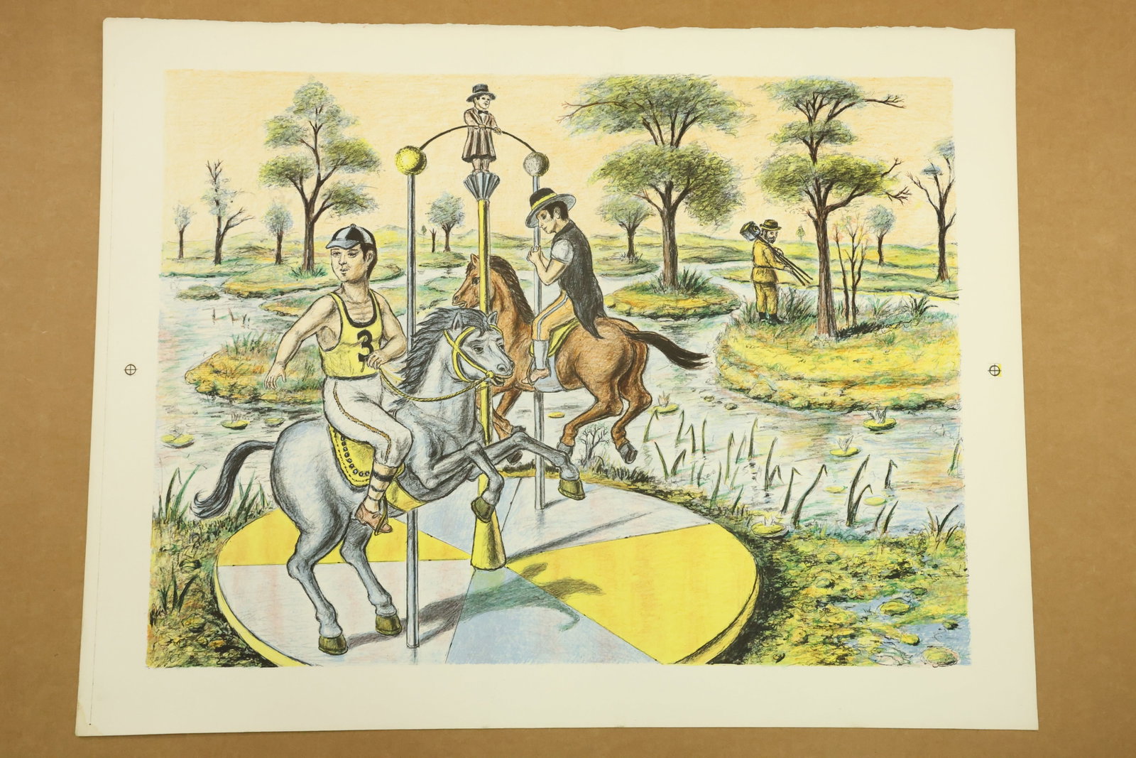 Carousel Riders Color Print Attributed to Peter Passuntino: Color print on paper depicting two figures riding carousel horses on a yellow and gray circular platform in a watery tree lined landscape. One rider wears a numbered sports shirt and the other a dark 