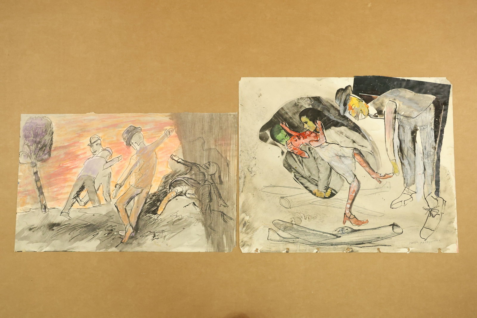Pair of Figurative Works on Paper Signed Peter Passuntino: Two works on paper with line and colored washes. One depicts figures in motion against an orange and gray setting; the other shows a bent seated figure beside an elongated standing figure. A visible i