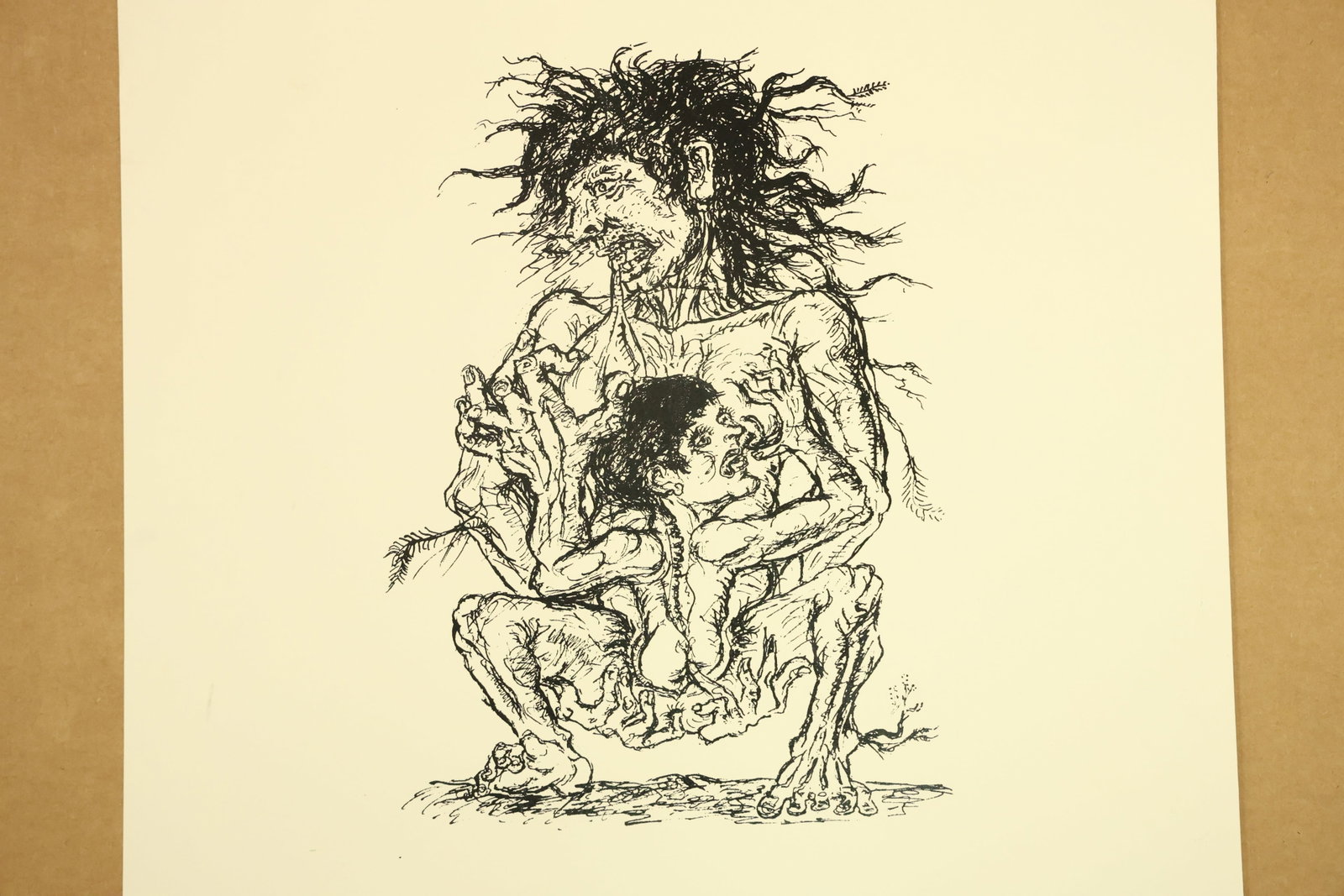 Black on Cream Surreal Figure Print Attributed to Peter Passuntino: Black line print on cream paper depicting a crouching distorted figure with tangled hair and multiple faces worked into the body. Dense linear detail sits within wide plain margins. Unsigned in the su