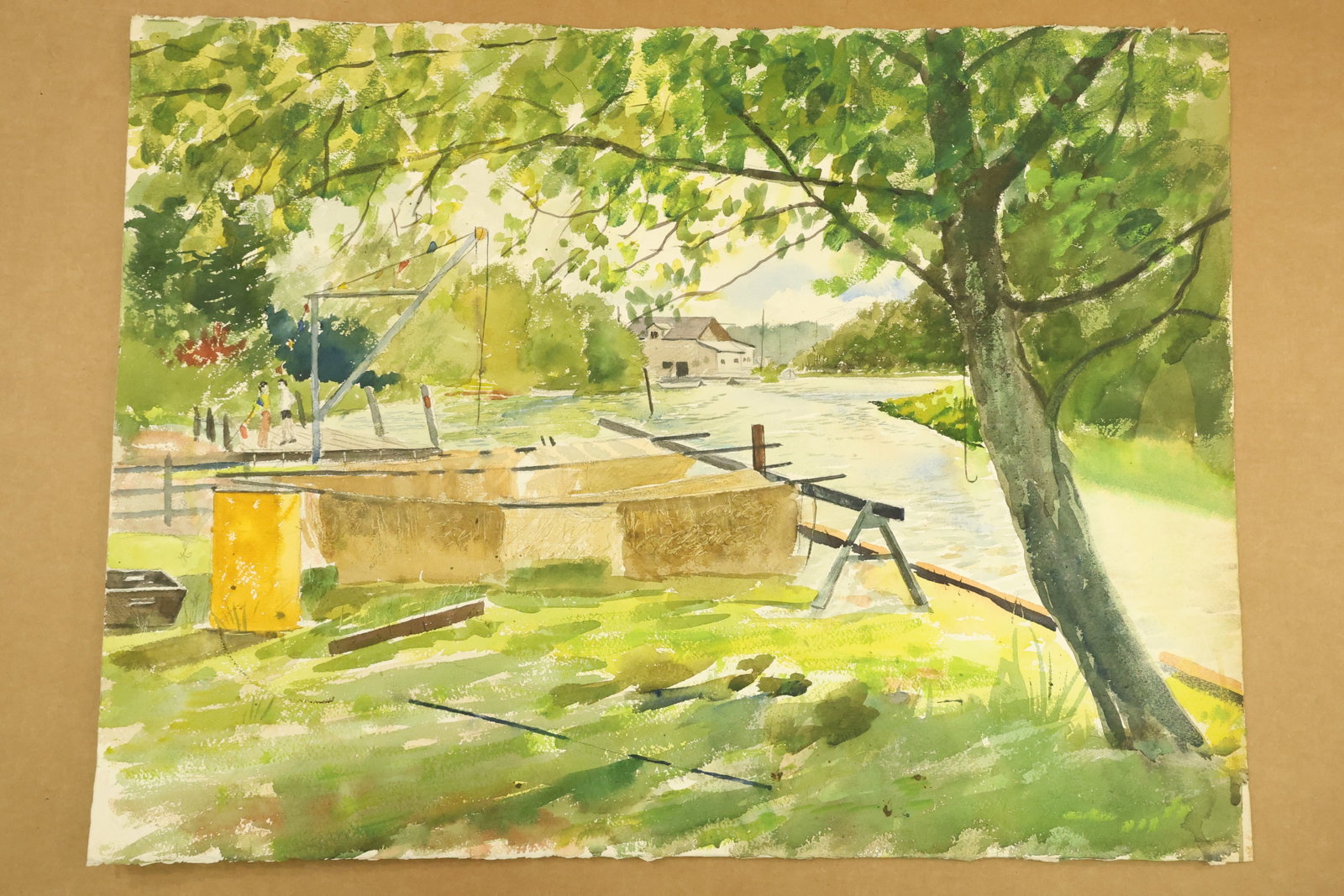 Canal Lock and Trees Watercolor Attributed to Franklin Shores: Watercolor on paper depicting a waterside lock or gated channel beneath a leafy tree. Angular rails, a yellow panel and low masonry walls cross the foreground, with a small pale building beyond. Unsig