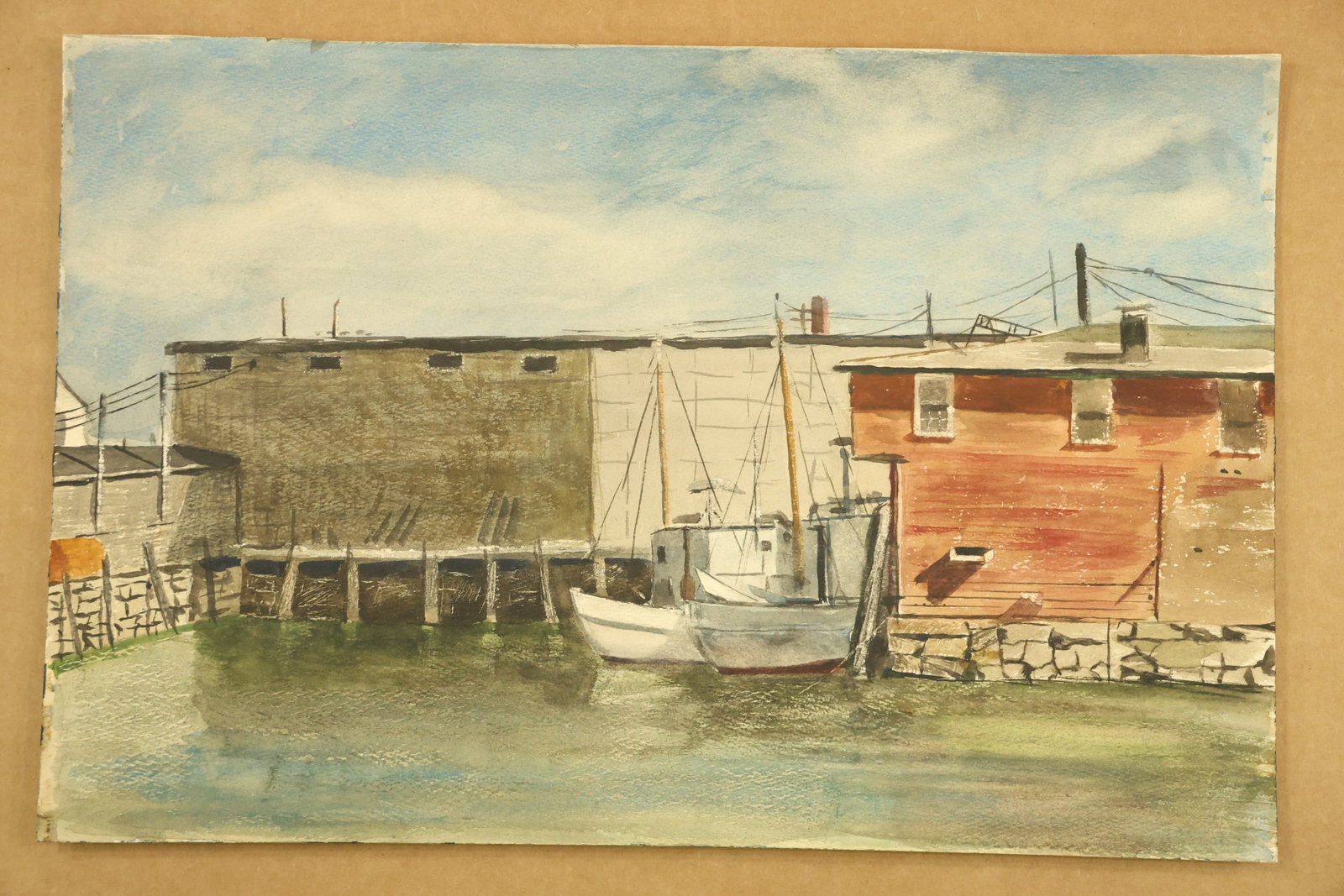 Moored Boat and Waterfront Buildings Watercolor Attributed to Franklin Shores (1 of 5)