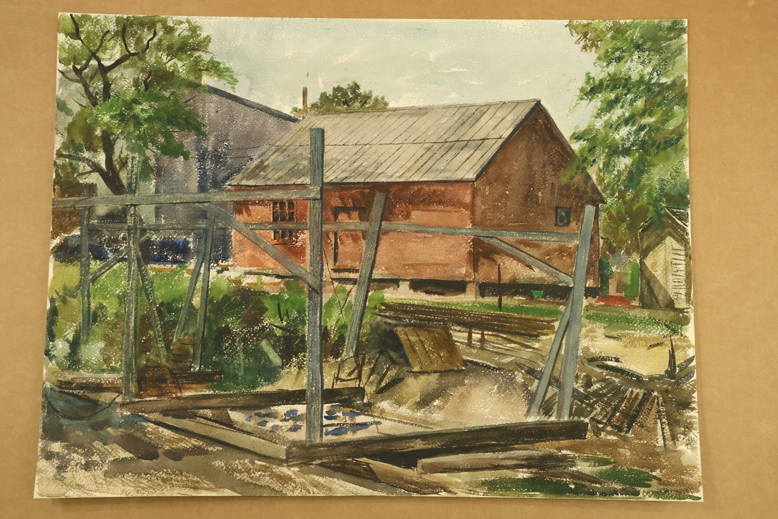 Red Barn and Timber Framework Watercolor Attributed to Franklin Shores: Watercolor on paper with a red barn, pale pitched roof and a foreground arrangement of upright posts and diagonal timber braces. Green foliage surrounds the buildings. Unsigned in the supplied views a