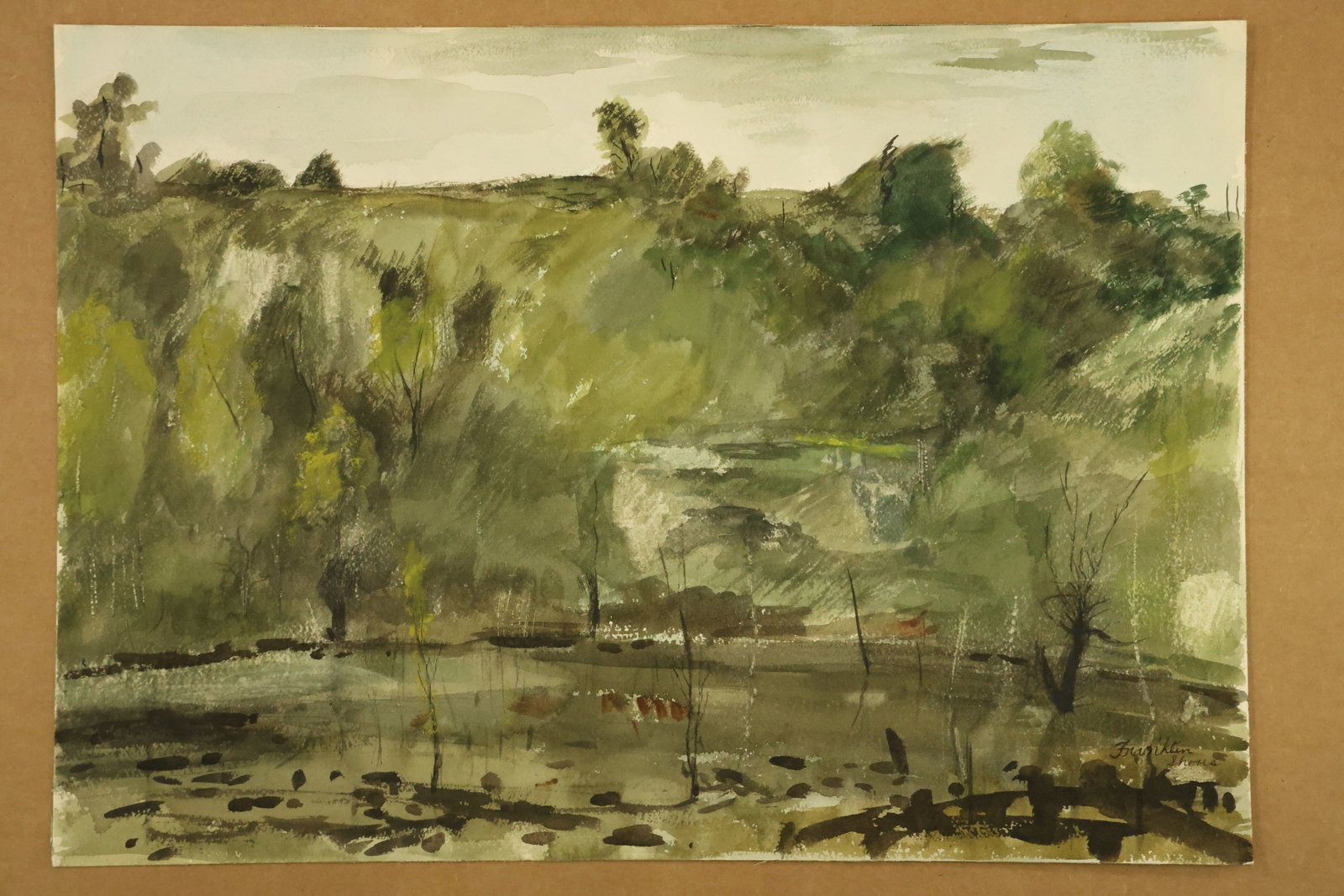 Green Marsh Landscape Watercolor Signed Franklin Shores: Watercolor on paper depicting a wooded marsh or pond with slender trunks, green foliage and dark reflections along the lower edge. Loose olive and yellow green washes contrast with small black marks. 