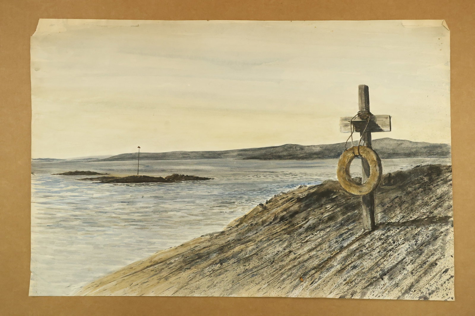 Coastal Cross and Life Ring Watercolor Attributed to Franklin Shores (1 of 8)