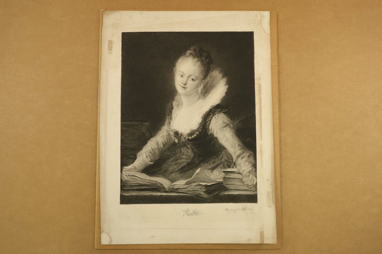 Woman with Open Book Monochrome Print Signed Henry Cheffer (1 of 6)
