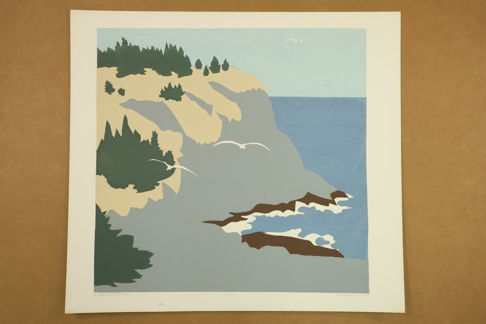 Gulls at Whitehead Color Print Signed R Angeloch 1979 Marked A/P/4: Color print on paper showing white gulls crossing a broad gray cliff above blue water. Dark green trees and pale tan rock highlights frame the headland. Titled Gulls at Whitehead, signed R Angeloch, d
