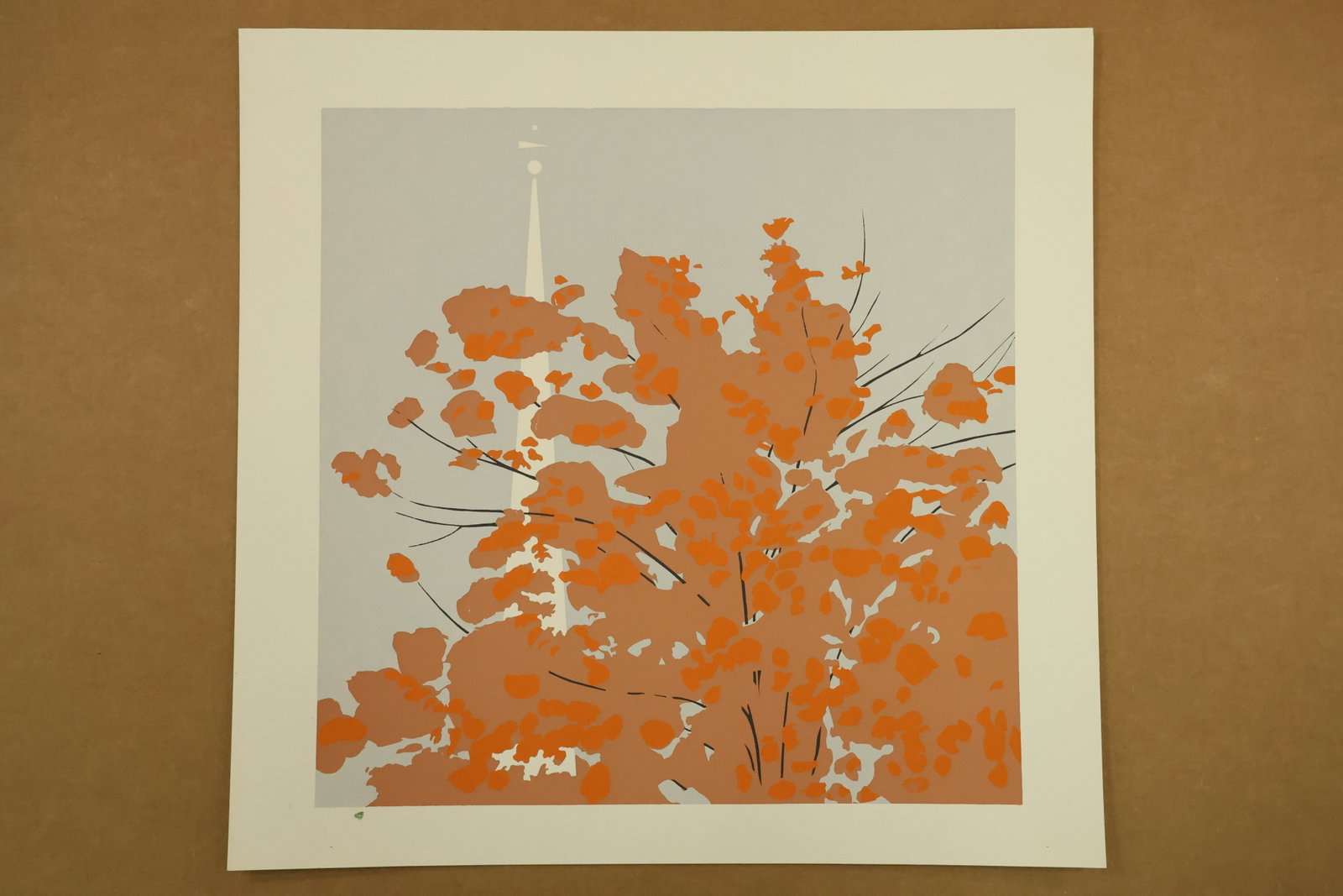 Autumn Foliage and White Steeple Color Print Attributed to Robert Angeloch: Unsigned color print on paper showing orange and brown leaves, thin black branches and a white steeple against a pale gray sky. No printed title or edition number appears in the photographed margins. 