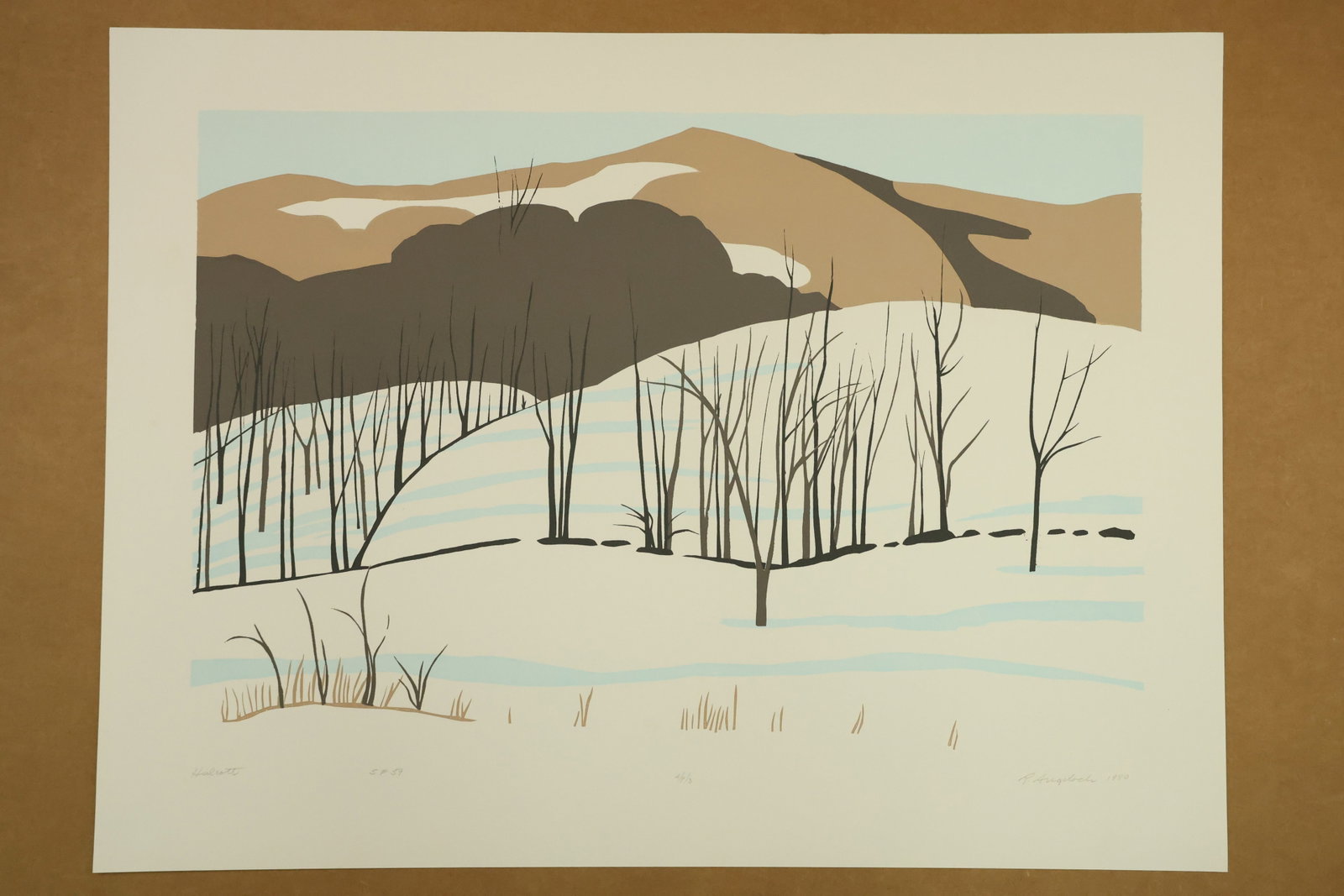 Halcott Winter Landscape Print Signed R Angeloch 1980 Marked A/P/3: Color print on paper with bare black trees, white snowfields, pale blue shadows and brown mountain slopes. Titled Halcott, signed R Angeloch, dated 1980 and marked A/P/3 in the lower margin. The flat 