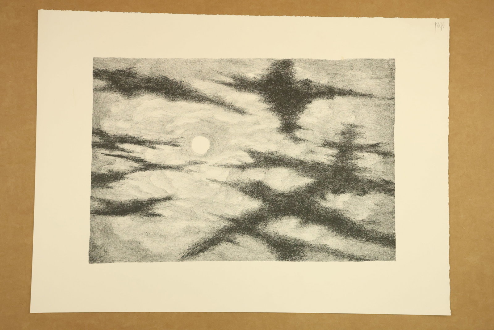 Moon and Clouds Monochrome Print Attributed to Robert Angeloch: Unsigned monochrome print on paper showing a pale moon amid overlapping dark cloud bands. Soft granular shading and diagonal cloud forms fill the horizontal image. No title or edition number is visibl