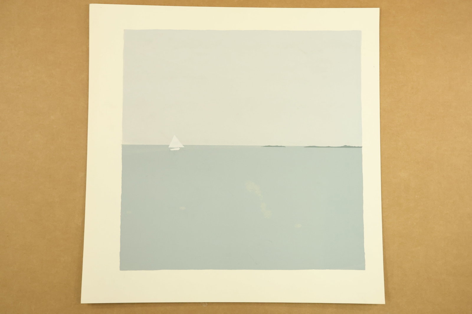 Minimal Sailboat Seascape Color Print Attributed to Robert Angeloch: Color print on paper with a small white sailboat near a straight horizon. Pale gray green sky and blue gray water form broad horizontal fields, with a thin distant shoreline at the right. Unsigned in 