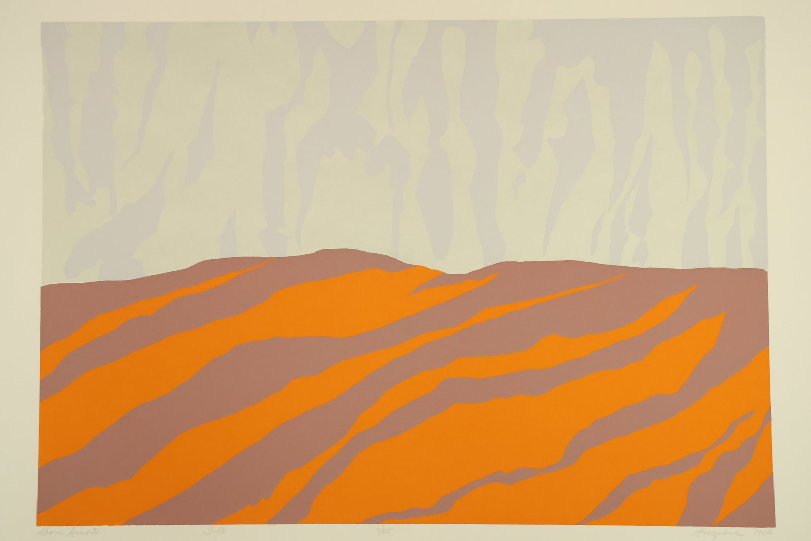 Above Ainort Color Print Signed Angeloch 1982 Numbered 11/25: Color print mounted on board with orange and mauve hillside bands beneath pale vertical gray forms. The photographed title reads Above Ainort. Signed Angeloch, dated 1982 and numbered 11/25, with the 