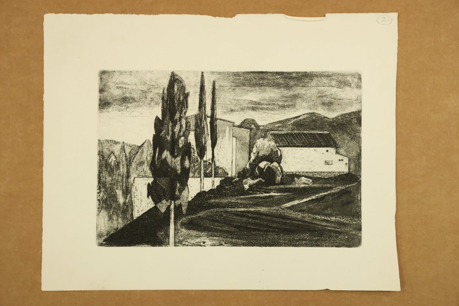 Cypress Trees and Hillside Buildings Landscape Print Attributed to Robert Angeloch: Monochrome print on paper depicting slender cypress trees beside angular buildings and a diagonal hillside path. Dark foreground bands lead toward distant hills beneath a textured sky. Unsigned in the