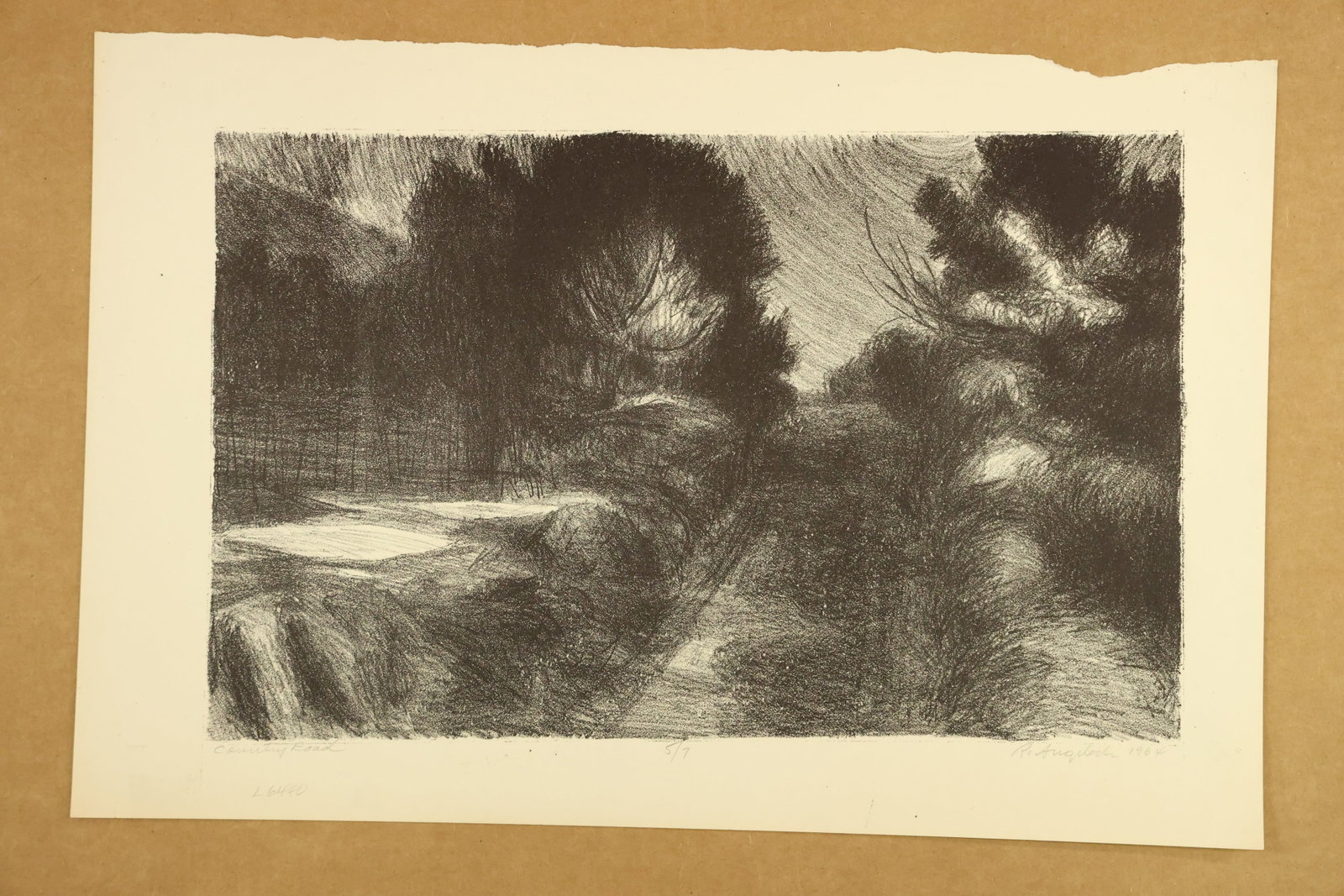 Country Road Landscape Print Signed R Angeloch 1964 Numbered 5/7: Black and white print on paper depicting a winding country road between dense trees and shadowed foliage. Fine grain and directional marks contrast with pale openings. The lower margin is titled Count
