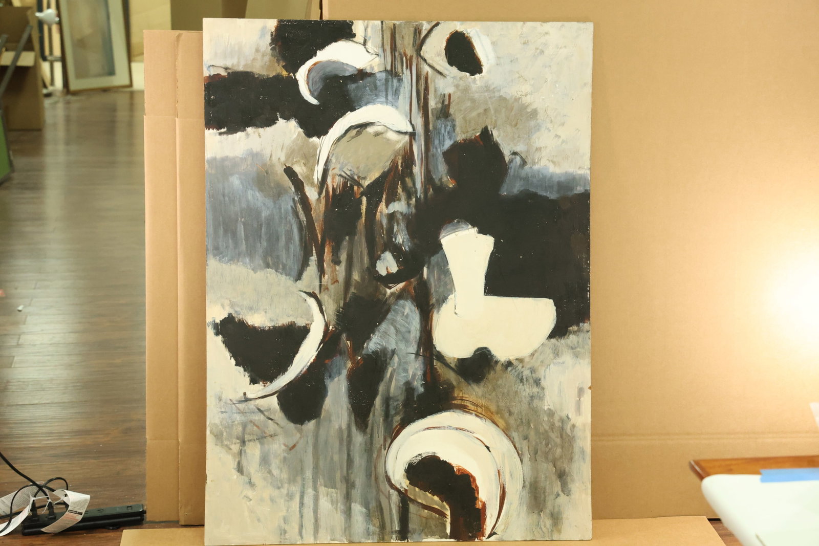 Black White and Gray Abstract Painting on Board Attributed to Robert Angeloch (1 of 10)