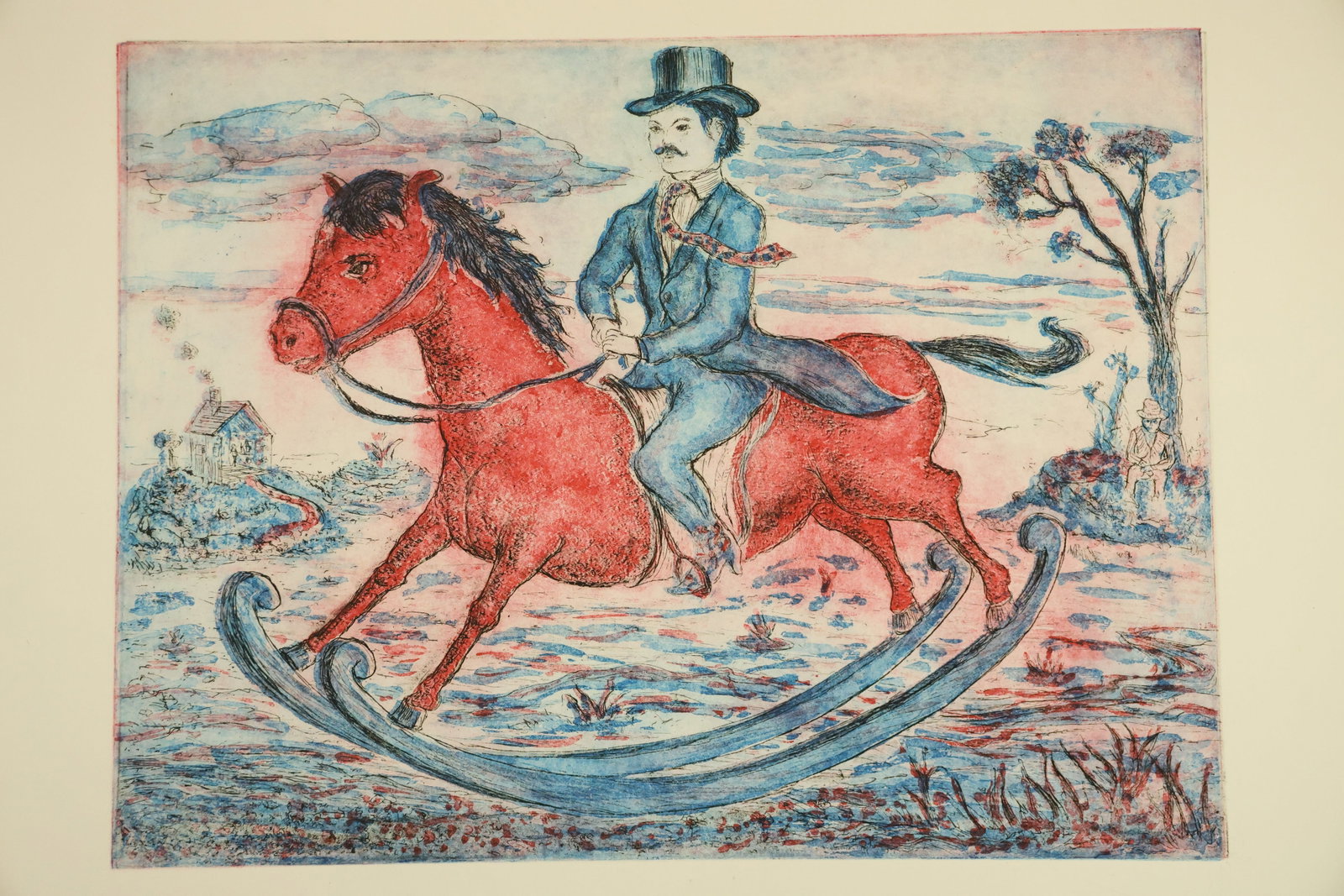 Red Rocking Horse and Top Hat Rider Color Print Attributed to Peter Passuntino: Color print on paper depicting a mustached rider in a blue suit and tall hat seated on a red rocking horse. Blue curved rockers pink clouds and fine landscape details surround the figure. Unsigned in 