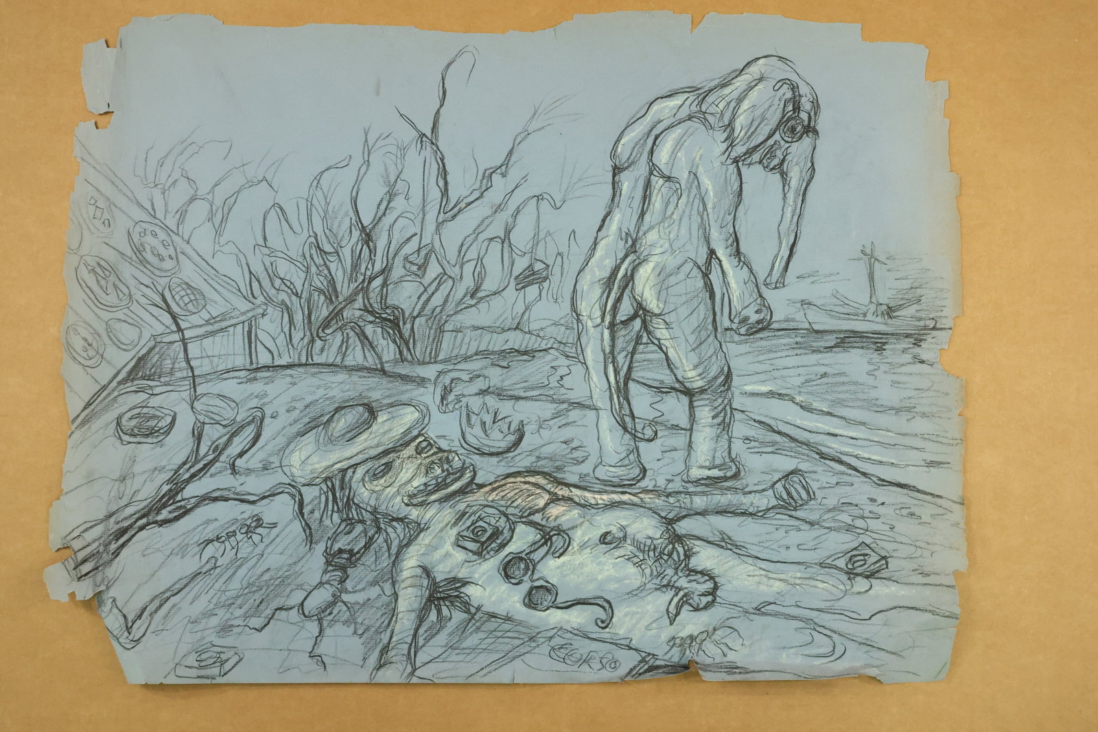 Bent Figure in Surreal Landscape Drawing Attributed to Peter Passuntino: Drawing on blue paper showing an elongated bent figure among bare branches curving ground patterns and small floating organic forms. Fine dark lines and pale highlights model the figure and tangled su