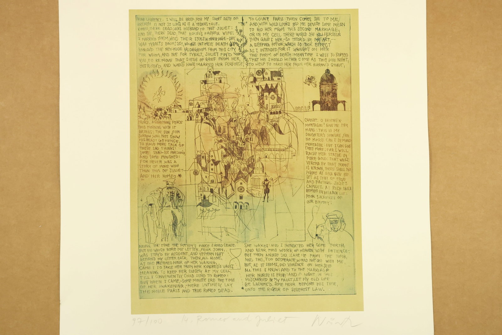 Romeo and Juliet 14 Signed Color Print Numbered 97/100: Color print on paper with a central architectural scene surrounded by passages from Romeo and Juliet and small figurative vignettes. Olive green and brown tones organize the illustrated text. The lowe
