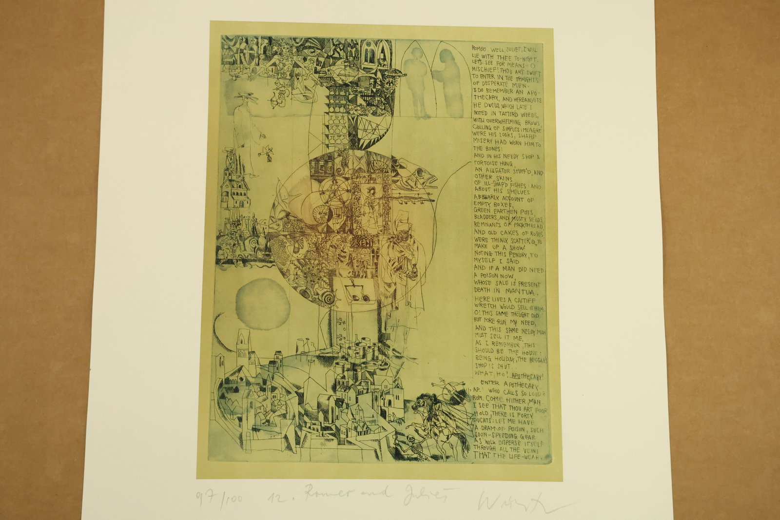 Romeo and Juliet 12 Signed Color Print Numbered 97/100: Color print on paper with overlapping circular scenes clustered buildings and figures beside a vertical text column. Green and brown linework sits within broad cream margins. Inscribed 12 Romeo and Ju