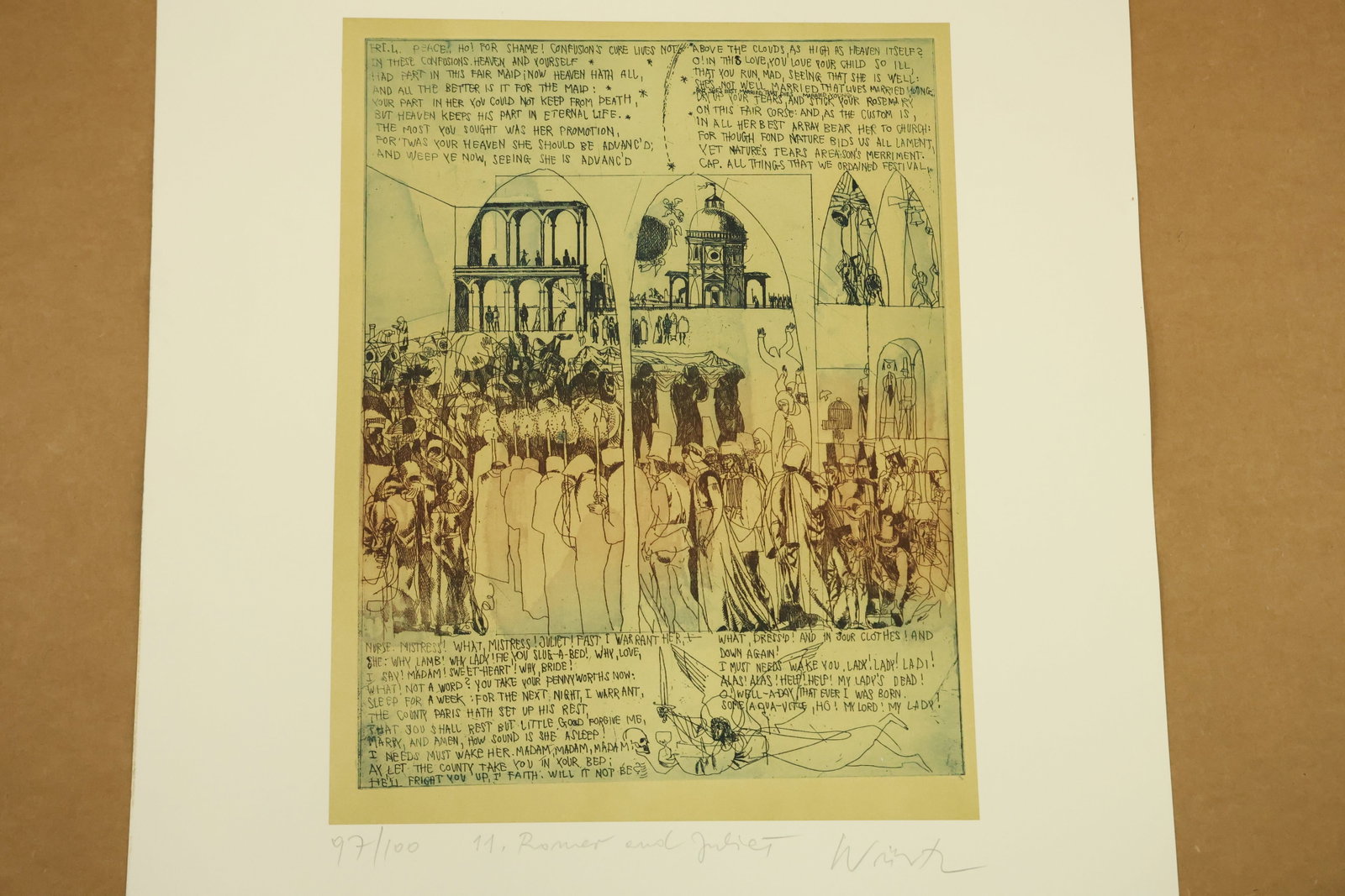 Romeo and Juliet 11 Signed Color Print Numbered 97/100: Color print on paper depicting grouped figures beneath arched architectural panels with text blocks above and below. Green and brown linear detail fills the rectangular image. Inscribed 11 Romeo and J