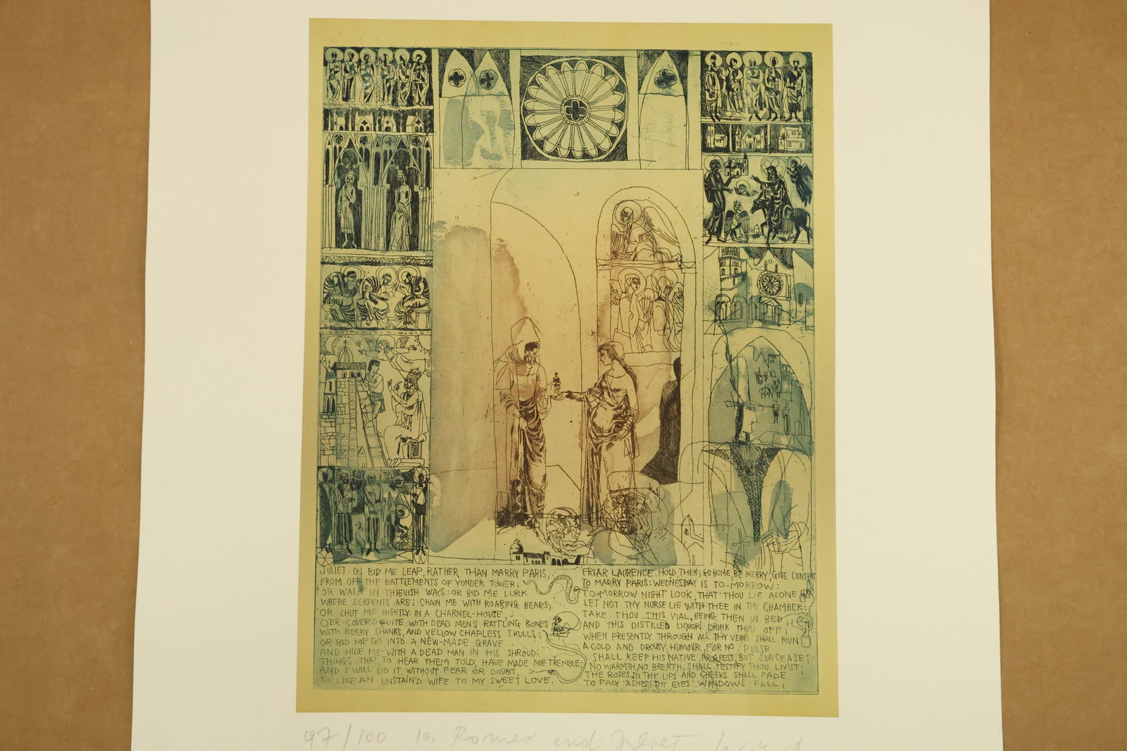 Romeo and Juliet 10 Signed Color Print Numbered 97/100: Color print on paper with a central meeting of robed figures beneath architectural arches surrounded by small narrative panels and a circular window motif. Text runs along the bottom. Inscribed 10 Rom