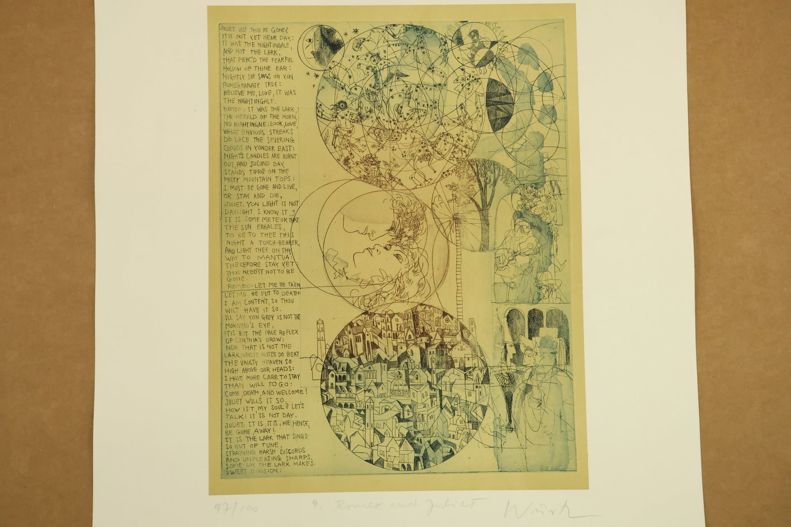 Romeo and Juliet 9 Signed Color Print Numbered 97/100: Color print on paper combining circular vignettes of figures and a town with a tall column of literary text. Olive green brown and fine dark lines fill the image. Inscribed 9 Romeo and Juliet and 97/1